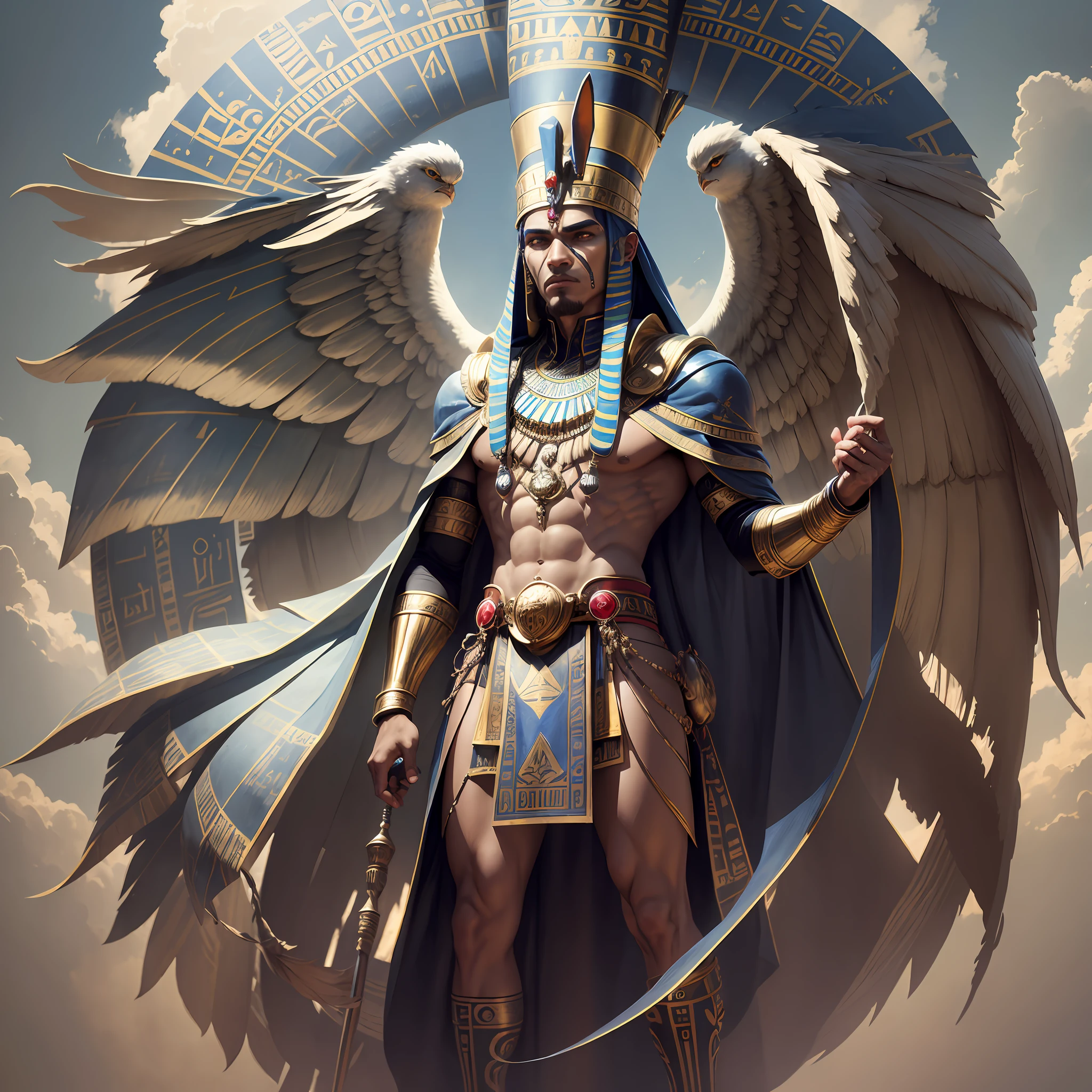 There is a man in a costume standing in front of a building, picture of des ghost, Anubi Horus, Egyptian god, the god Horus, the Egyptian god, Portrait of Horus, Angry god Horus, Storm Egyptian god, Pharaoh, Egyptian god of wind, god egypt, mystic bi horus valkyrie, reptilian anubis --auto --s2