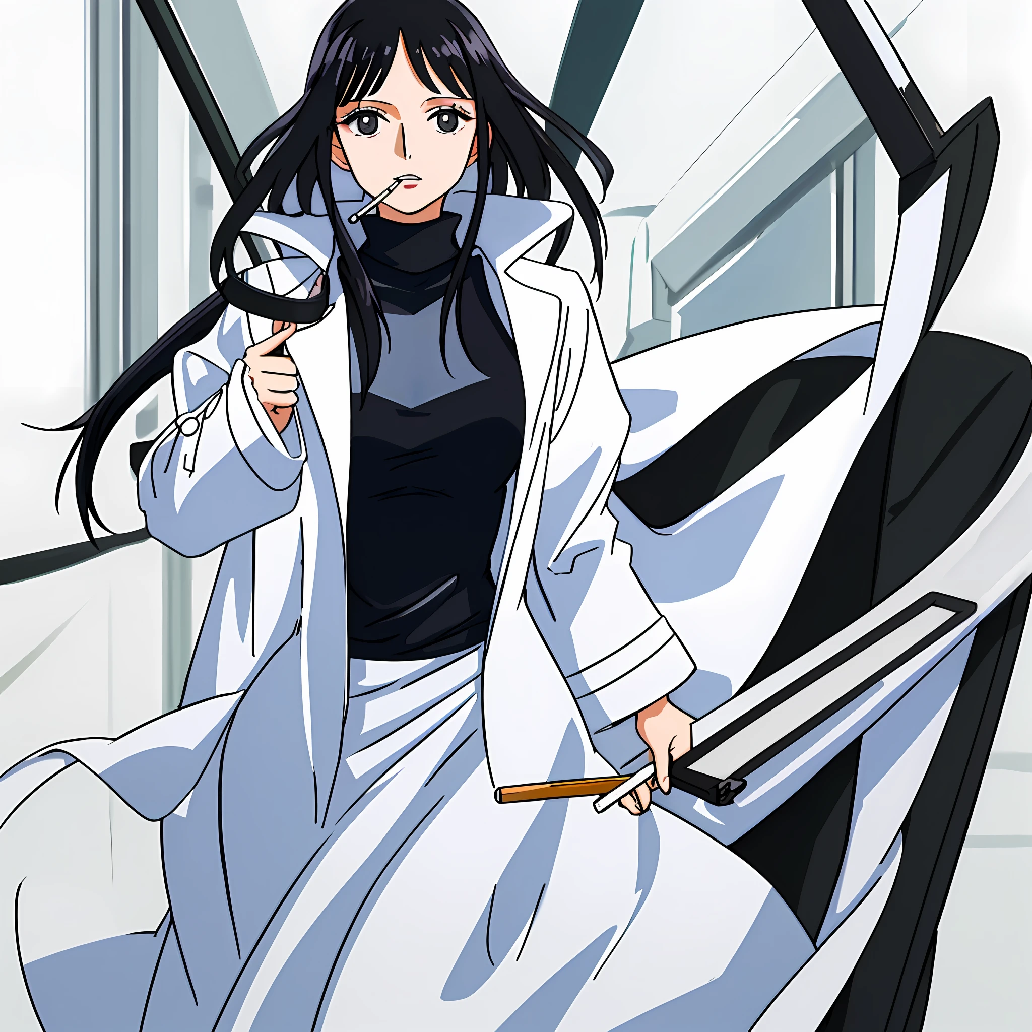 1woman, ((((((((solo)))))))), beautiful, ((black turtleneck)), long black hair, straight hair, ((bags under eyes)), ((smoking)), ((((masterpiece)))), ((((best quality)))), (((highres))), (((large breasts))), (((white doctor’s coat)))