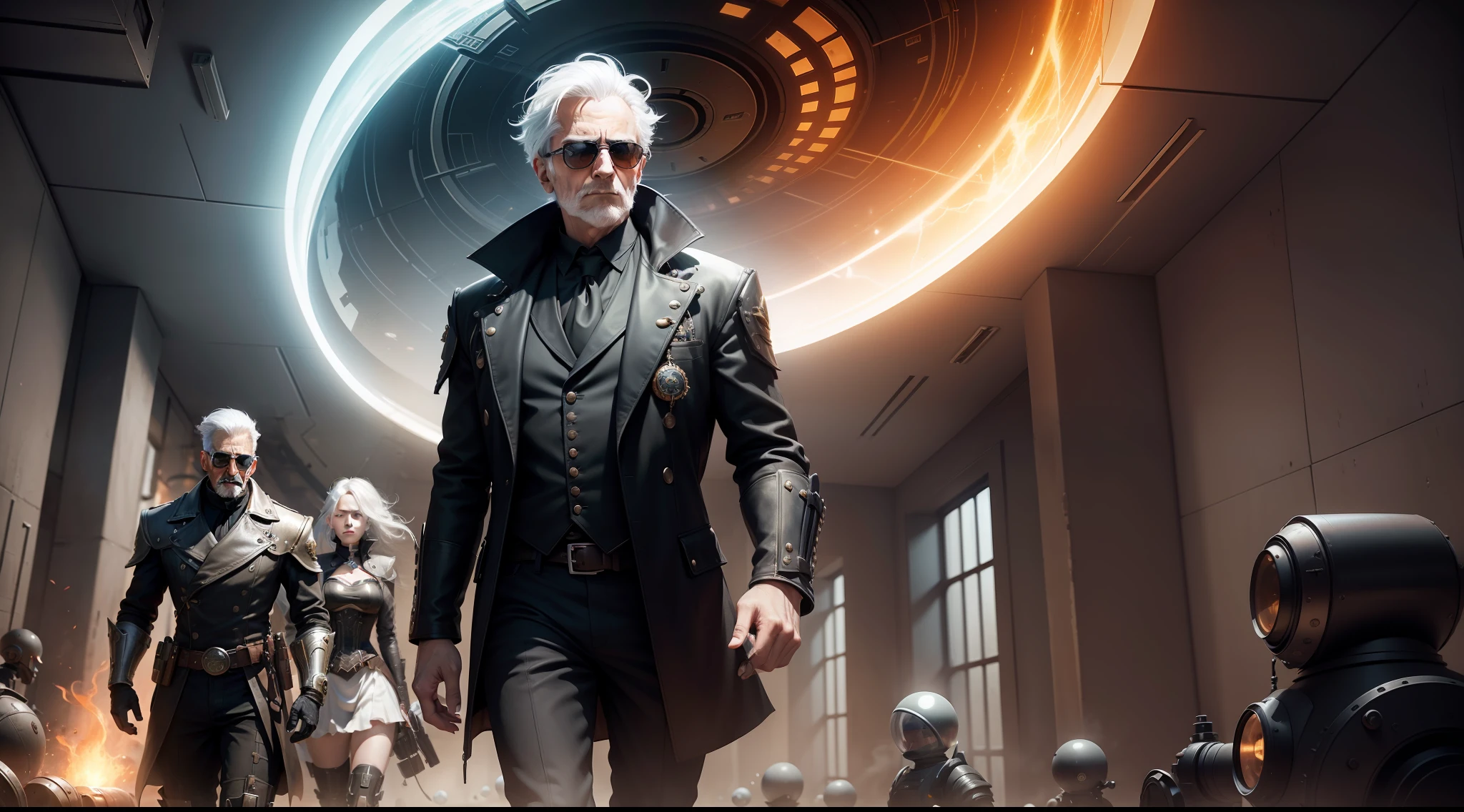 /imagine prompt: illustration of An old man with white hair and black clothes walked out of the time tunnel wearing sunglasses ,An old man in black with white hair, sunglasses, and a gun::10, Dazzling flare::15, Energy sphere::12, The laboratory floor is full of garbage::12, lightning::15, Step out of the energy ball::16, Center the composition::5, up view::6, Unreal Engine::10, beautiful lighting::10, Cinematic light::11, Volumetric light::6, Fantasy::6, Pop art::5, hyper quality::6, Futuristic Robots::2, Steampunk::10 --seed 252441588 --s 400 --q 2 --c 30