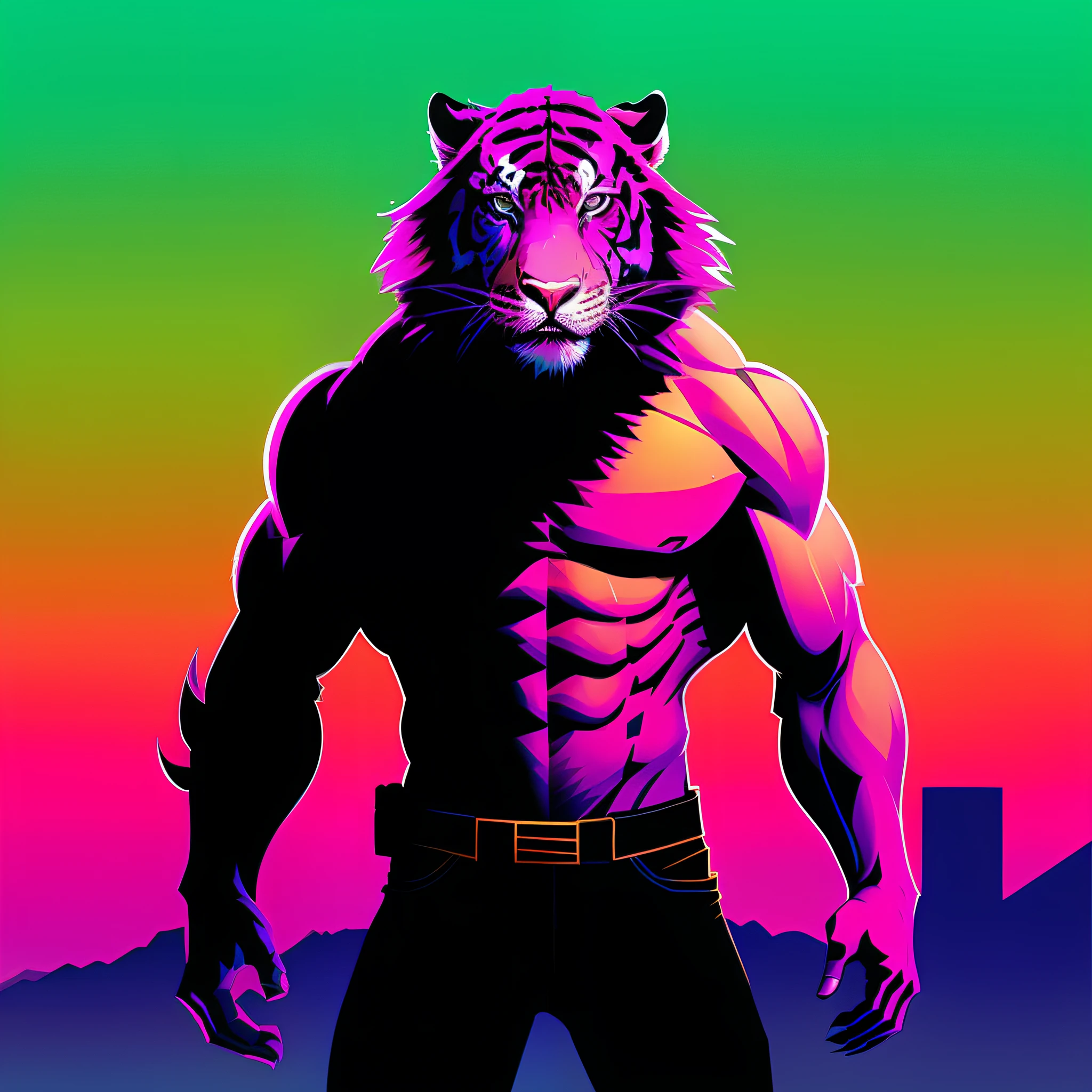 "An anthro sabertooth tiger/man:1.5 with pink and teal striped fur, large fangs, and a lean but buff physique. The intricate and highly detailed design is complemented by a lightwave effect against a sunset backdrop. (nvinkpunk:1.2) (snthwve style:0.8)"