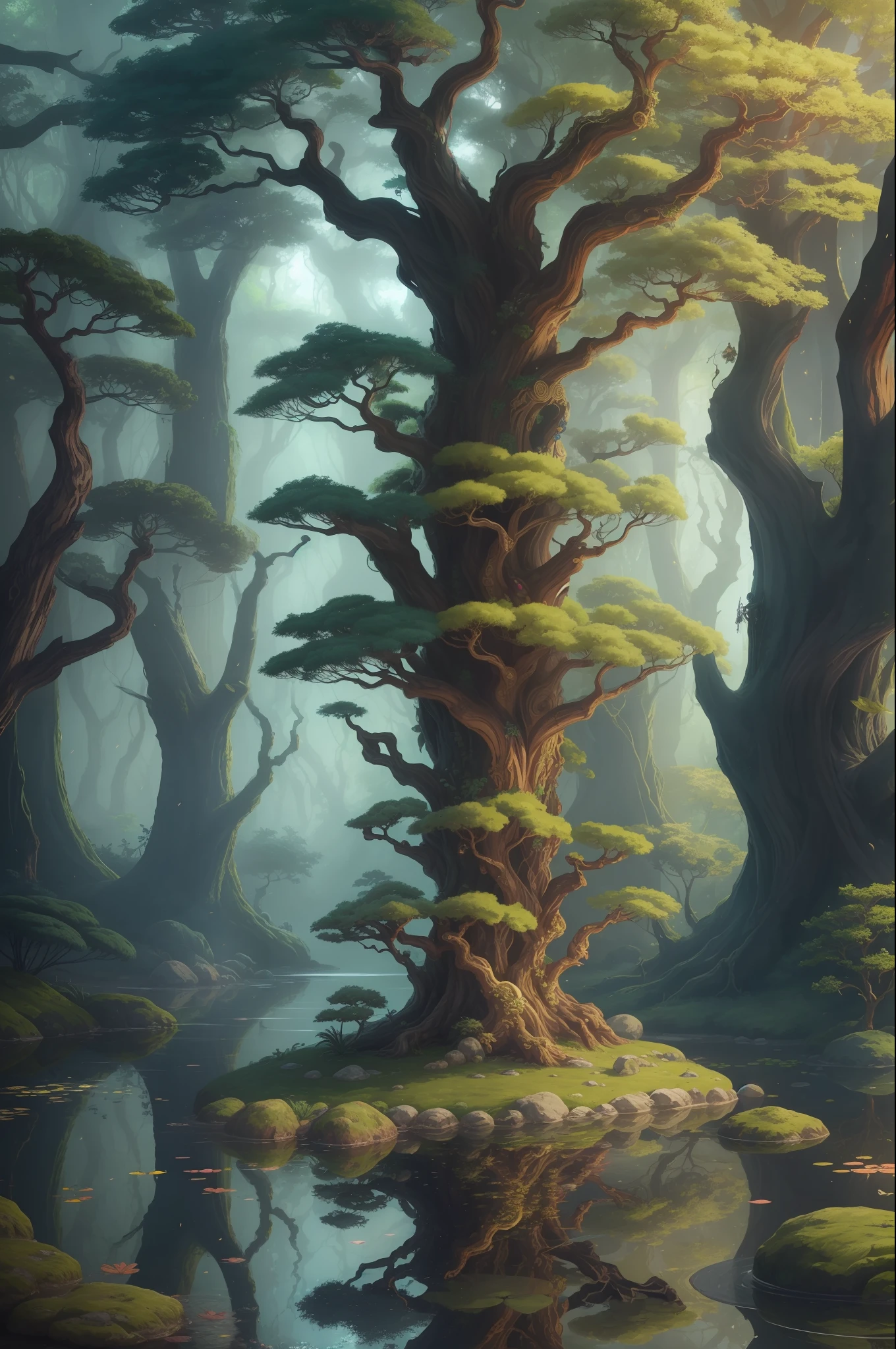 ancient marble tree altar in fairy place, random beautiful colorfully leafs, hyper realistic, knotted roots, magical fairy tale atmosphere, vibrant colors, gnarled trees, fractal multi-colored lush vegetation, natural sunlight, intricate details, realistic digital art, many tiny colorful flowers, (oversaturate:1.2), Pixar, sunny day, japanese dwarf pine, (ikebana:1.1), japanese pond and garden on background, by charlotte grimm, japanese garden, sci-fi, cyberpunk, intricate, highly detailed, digital painting, artstation, illustration, art by artgerm and alphonse mucha, vibrant volumetric lighting, multi gold leaf art, fractalgold foil, smooth shiny colorfully skin, lots of stuffed gems and various clutter and mess in background, intricate, highly detailed