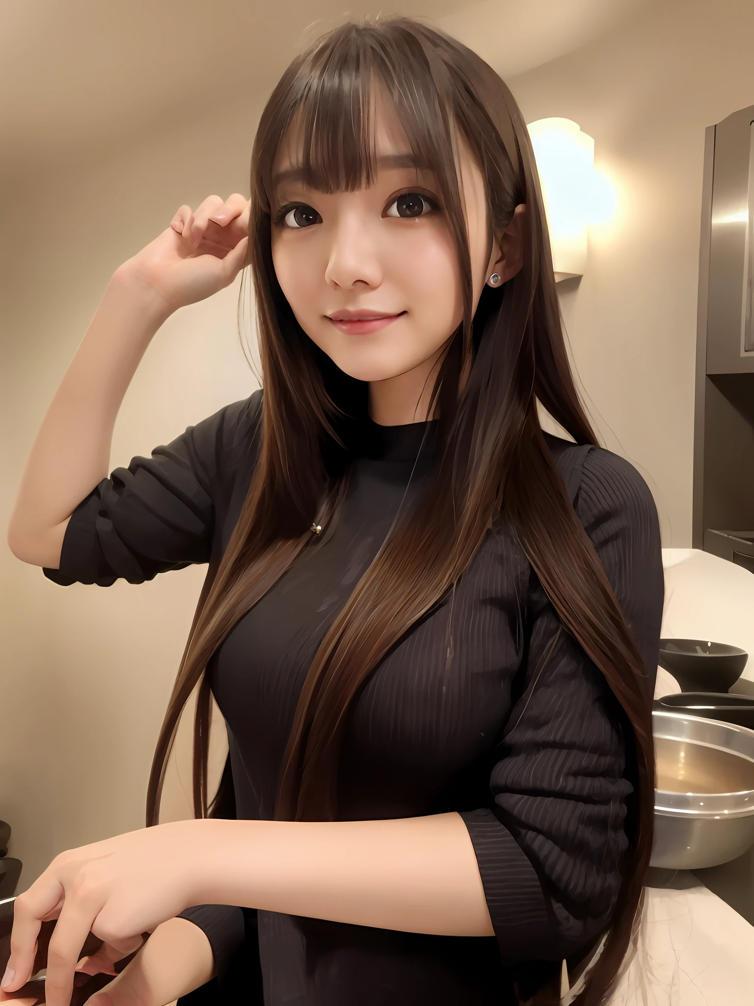 Alafed asian woman with long brown hair and black shirt, Larisa Manobal, long hair with full bangs, Larisa Manovan with blackpink, Yoshitomo Nara, bangs, neat hair with bangs, Chiho, long hair with bangs, Ilya Kuvshinov with long hair, TUBARA8888 Instagram, Natsu Shirai, zip navigator Natsu Shirai, similar to Natsu Shirai, Natsu Shirai, Making ankake spaghetti, using a frying pan and pot, clean skin, shiny skin,