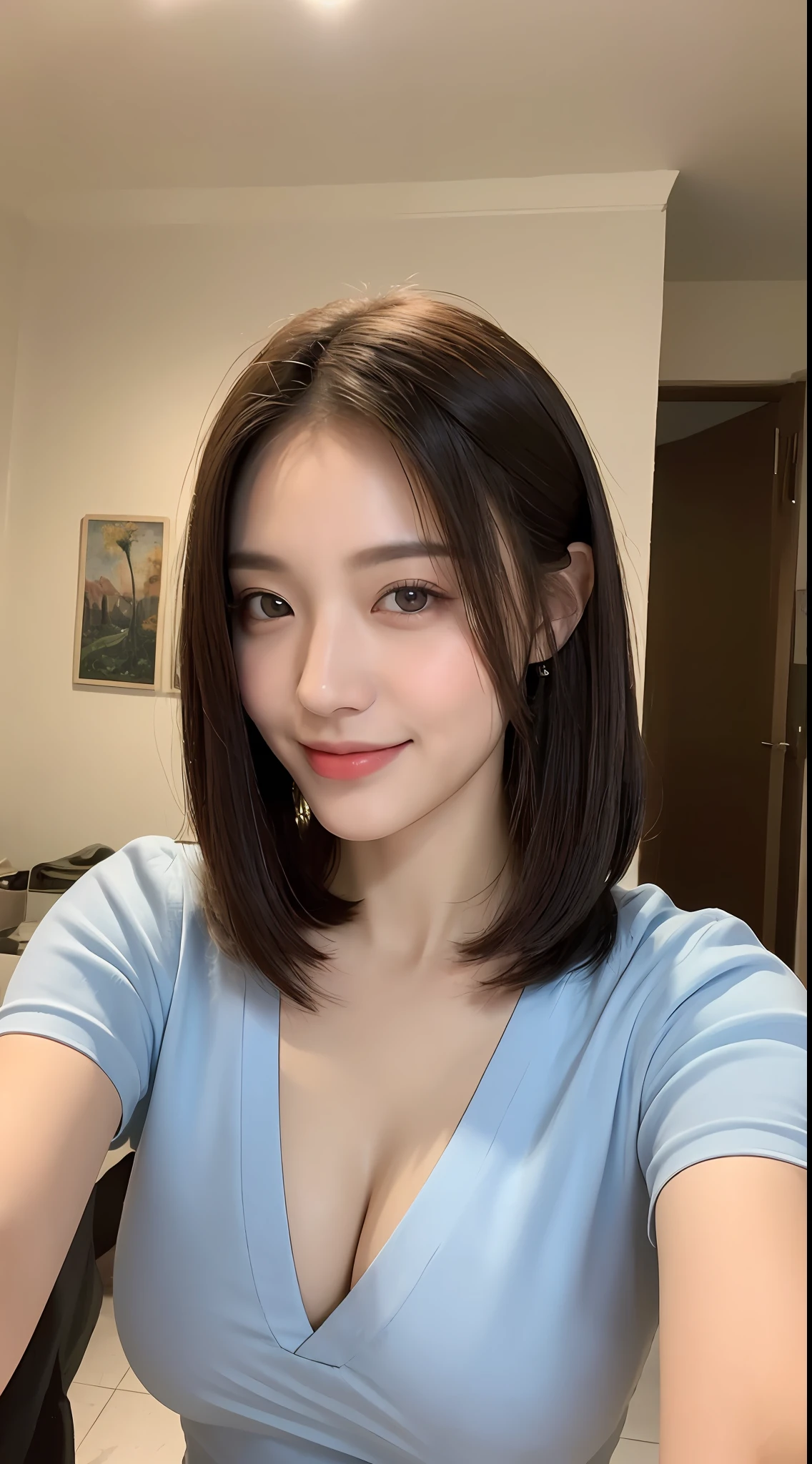 ((Best Quality, 8K, Masterpiece: 1.3)), 1girl, Slim Abs Beauty: 1.3, (Hairstyle Casual, Big Breasts: 1.2), Dress: 1.1, Super Fine Face, Delicate Eyes, Double Eyelids, Smile, Home