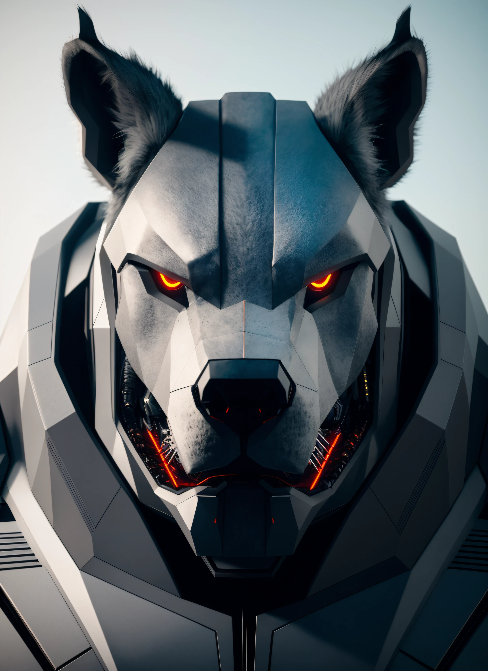 Portrait painting of a cybernetic grey werewolf body with Rhinoceros head, god masculine, with power armor, ultra realistic, concept art, intricate details, highly detailed, photorealistic, octane render, 64K UHD, unreal engine