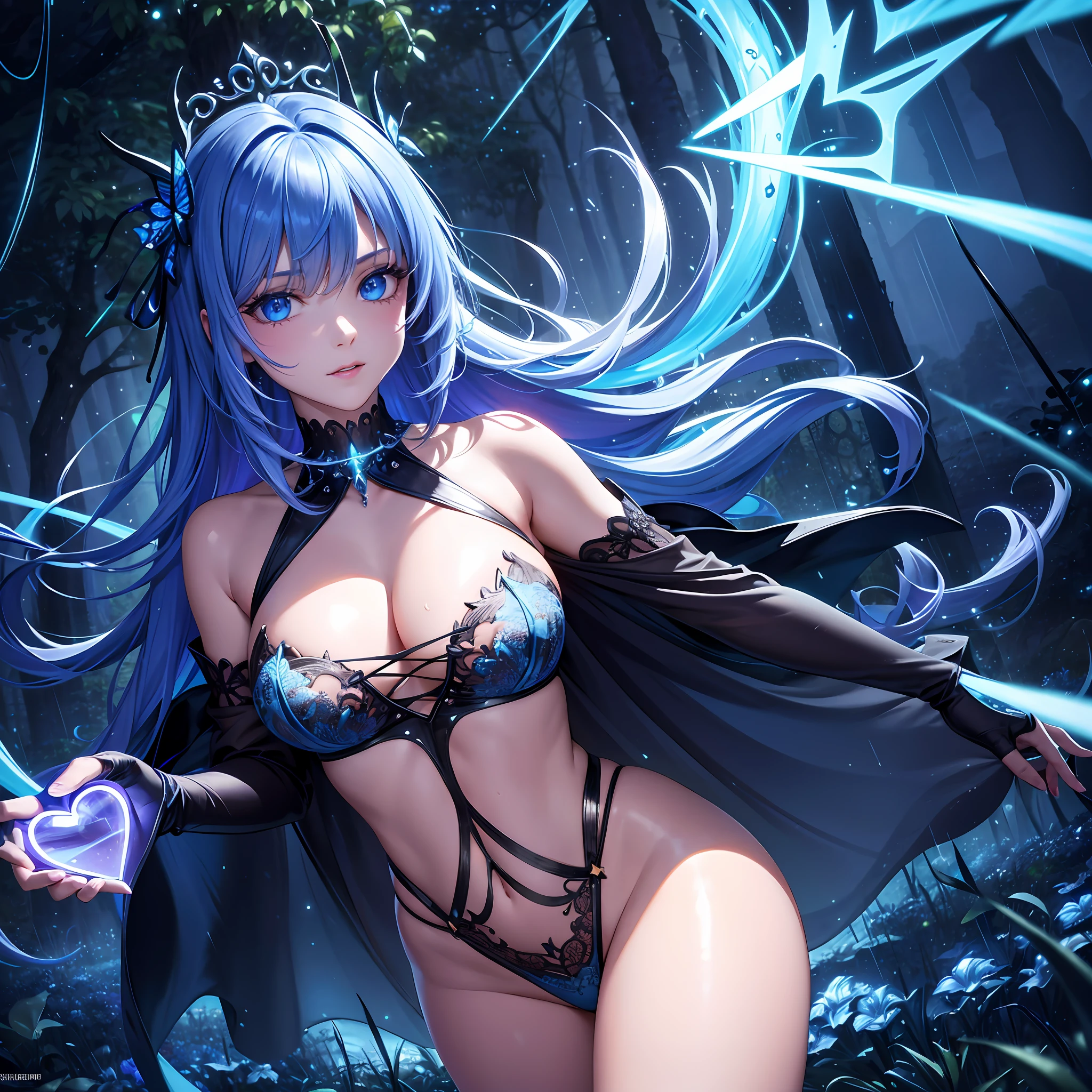 illustration, cinematic light, highres, highest quallity, ultra detailed, detailed face, (detailed eyes), best quality, hyper detailed, masterpiece, (detailed face), clean face, sexy mature woman wears transparent (torn) cloths, floating cloth, see through, choker, open cloths, nsfw, high heels, blue eyes, neon tiny glowing hair ends, dark fantasy forest, glowing plants with neon details, dark magic, (portal:1.15) to the underworld in the background, light reflection, heart shaped iris, playful eyes, open shoulder, rain, (wet body), tiny glowing butterfly, hair jewery