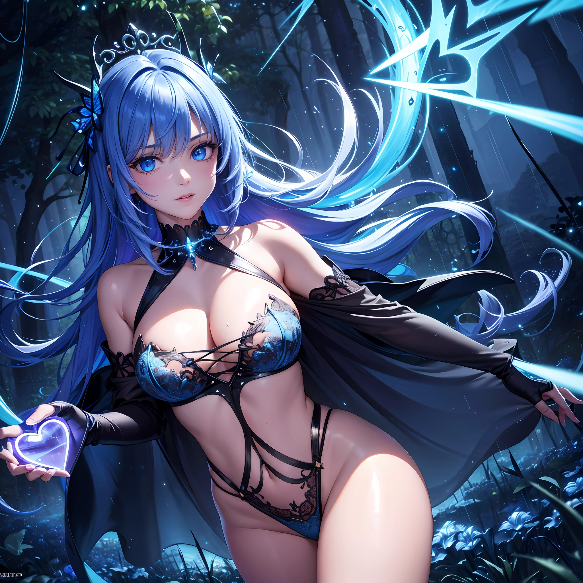 illustration, cinematic light, highres, highest quallity, ultra detailed, detailed face, (detailed eyes), best quality, hyper detailed, masterpiece, (detailed face), clean face, sexy mature woman wears transparent (torn) cloths, floating cloth, see through, choker, open cloths, nsfw, high heels, blue eyes, neon tiny glowing hair ends, dark fantasy forest, glowing plants with neon details, dark magic, (portal:1.15) to the underworld in the background, light reflection, heart shaped iris, playful eyes, open shoulder, rain, (wet body), tiny glowing butterfly, hair jewery