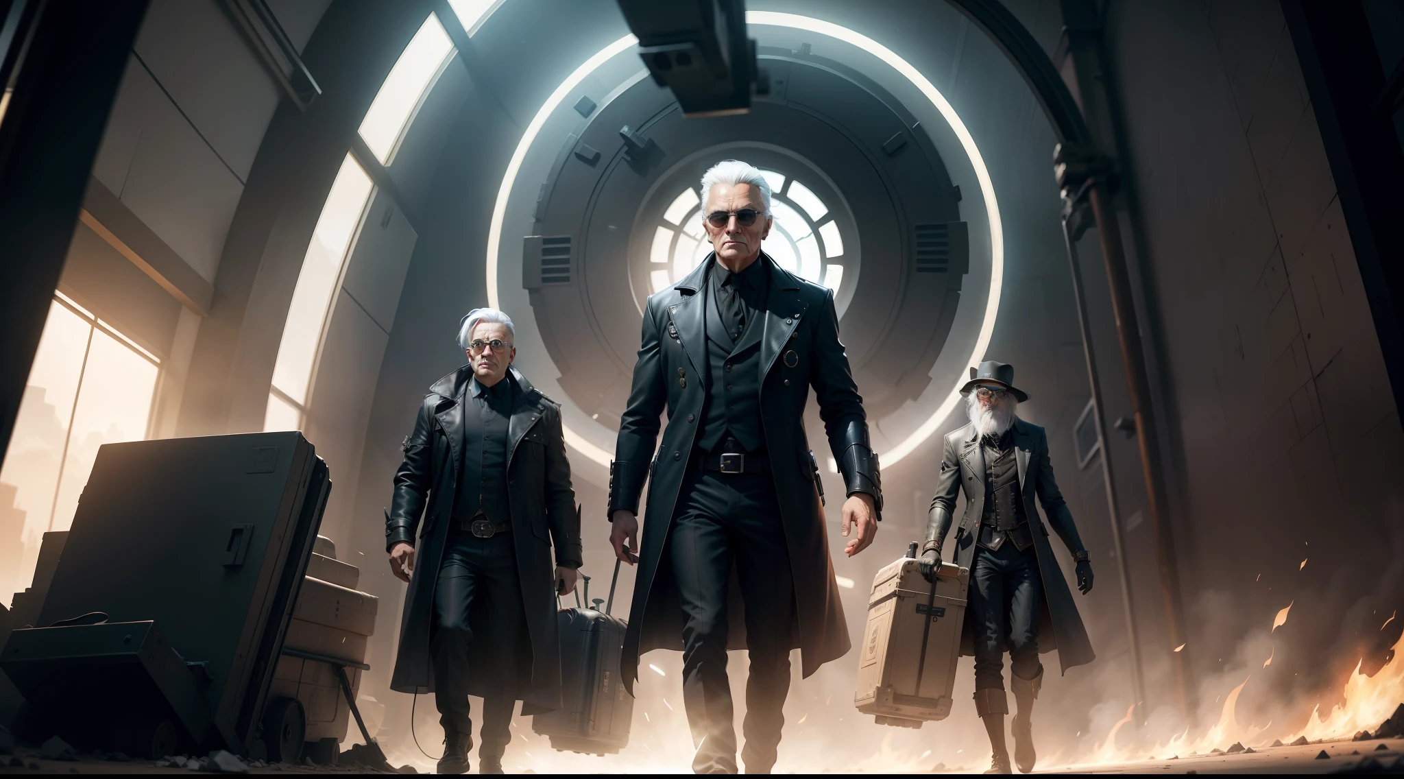 /imagine prompt: illustration of An old man with white hair and black clothes walked out of the time tunnel wearing sunglasses ,An old man in black with white hair, sunglasses, and a gun::10, Time tunnel emits dazzling light spots::15, The laboratory floor is full of garbage::12, lightning::15, Step out of the energy ball::16, City center::16, Center the composition::5, up view::6, Unreal Engine::10, beautiful lighting::10, Cinematic light::11, Volumetric light::6, Fantasy::6, Pop art::5, hyper quality::6, Futuristic Robots::2, Steampunk::10 --seed 252441588 --s 400 --q 2 --c 30