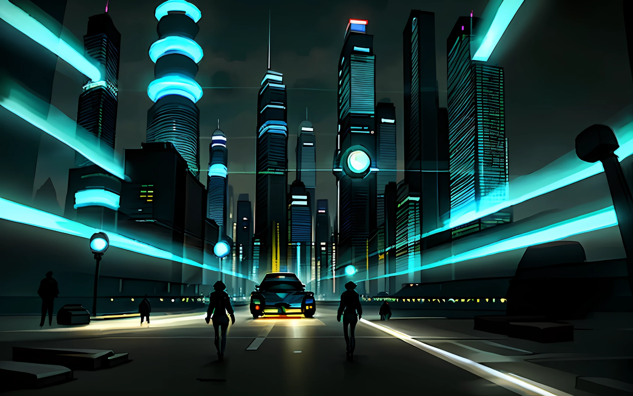 A futuristic city with a large skyscraper in the middle, with a sign reading "WATCH", the surrounding scenery being surrounded by buildings and houses, with electronic advertisements around, timesquare style. It's night and the sky is very black, there are few clouds in the sky, and those are grays. There are some night patrollers who wander through the black sky, they are flying automobiles, with a spherical shape, having a white light coming out of their headlights, thus illuminating parts of the city. On the plane of the image is a young man with long black hair, who is on his back and in a cybernetic suit.