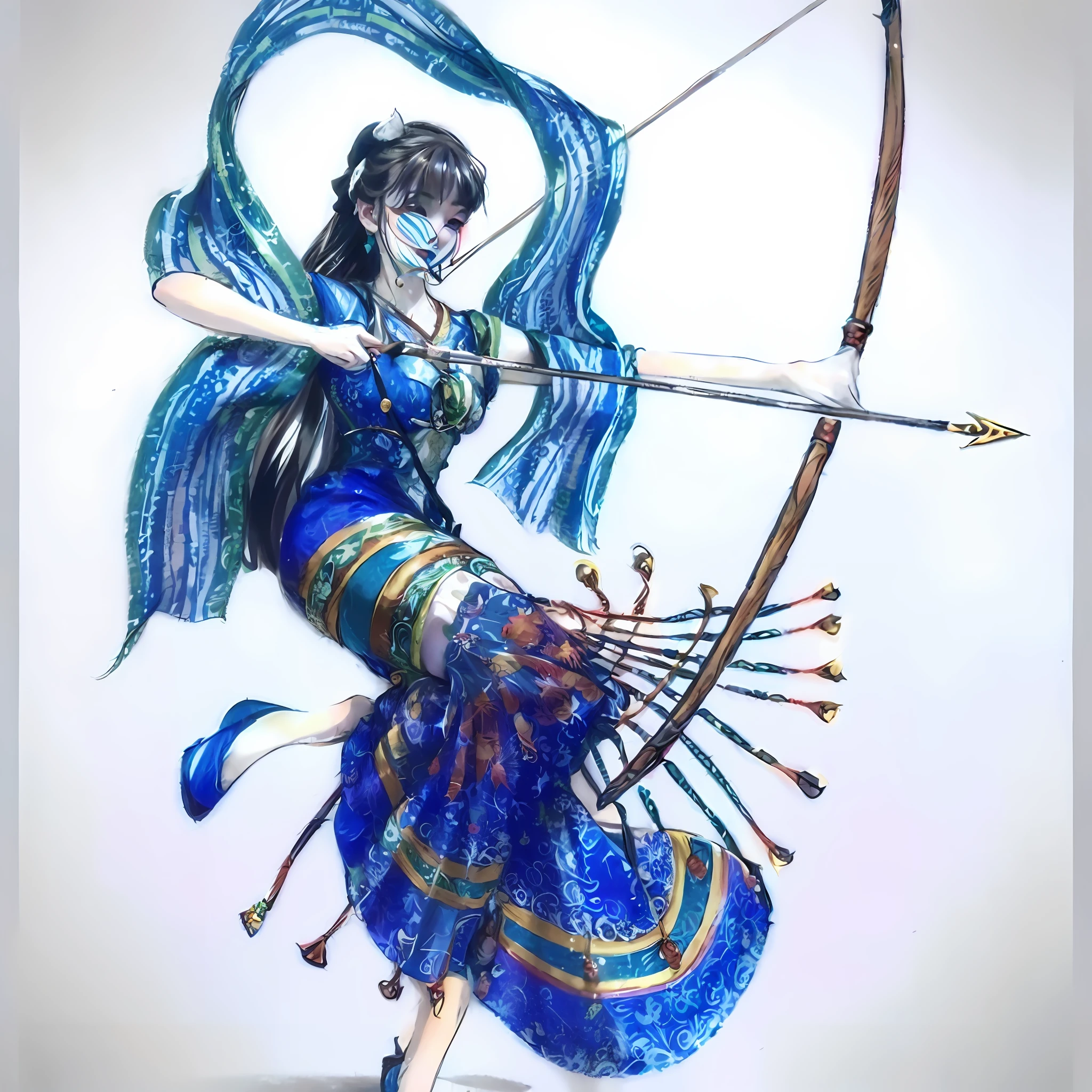 drawing of a tatoo faced woman with a bow and a bow in her hand, traditional art, with bow and arrow, fanart, princess 'kida' kidagakash, inspired by Warwick Goble, one of the weavers of destiny, apsaras warrior, also known as artemis or selene, maya ali as a wind sorcerer