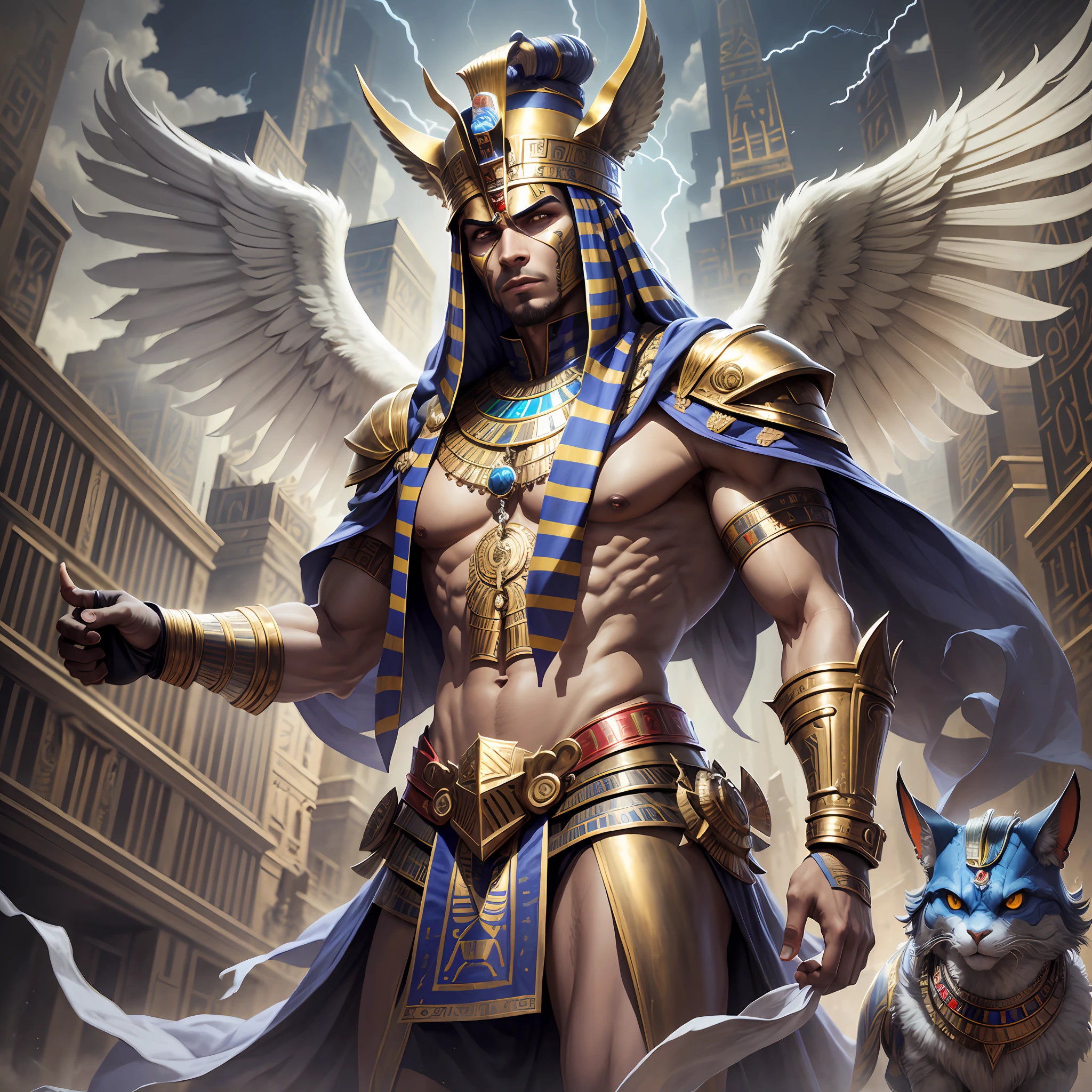 There is a man in a costume standing in front of a building, picture of des ghost, Anubi Horus, Egyptian god, the god Horus, the Egyptian god, Portrait of Horus, Angry god Horus, Storm Egyptian god, Pharaoh, Egyptian god of wind, god egypt, mystic bi horus valkyrie, reptilian anubis --auto --s2