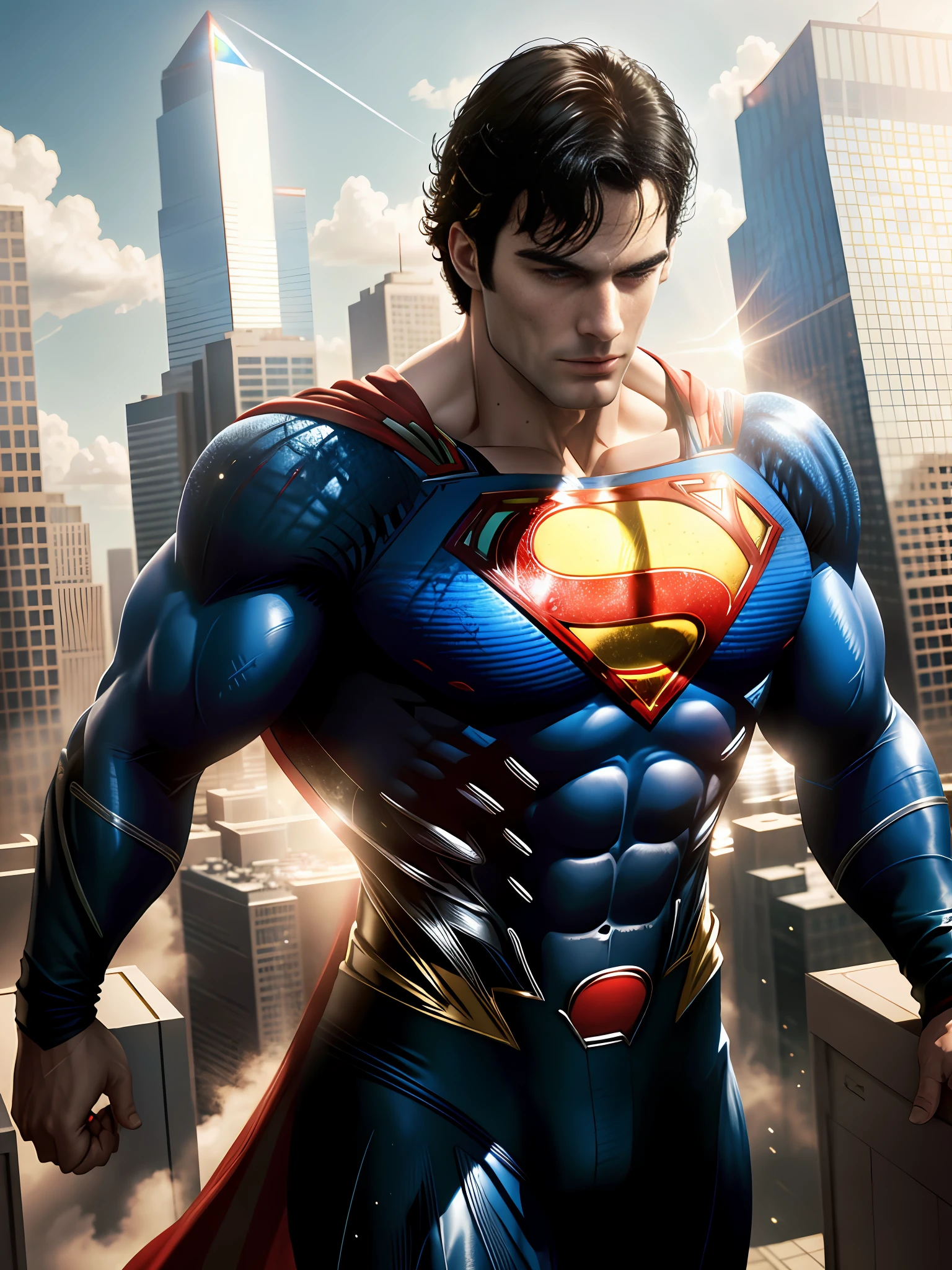 (best quality, masterpiece, high resolution) superman(Henry Cavil) flying,(flying over),(daily planet building), amazing view,(dramatic effect of sunlight), dynamic angle and pose, (cityscape below), blue sky, white clouds, (wide shot), (Volumetric light on superman), (clouds scrolling behind superman), (deep focus on building), (ultra-detailed CG realism), (best illumination and shadow), (smooth contrasting), (Superman's red-blue suit shining), (glorious)