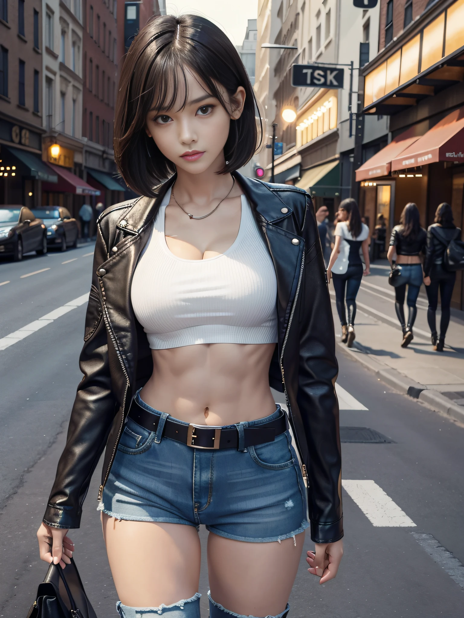 (front focus), (in the dark: 1.6), photorealism, dynamic lighting, volumetric lighting, very detailed faces, 4 k, detailed, highest quality, award-winning, street, street background, sunny, daytime, sunny, sunny, 1girl, low key, cowboy shot, (official uniform: 1.4), short hair, black hair, oblique bangs, bobo head, f-cups, cleavage, beautiful breasts, slim figure, slim body, slim, biker leather jacket, skinny denim shorts, hot pants, Shorts, belt, crop top, open waist, few abs, white lining, boots, leather boots