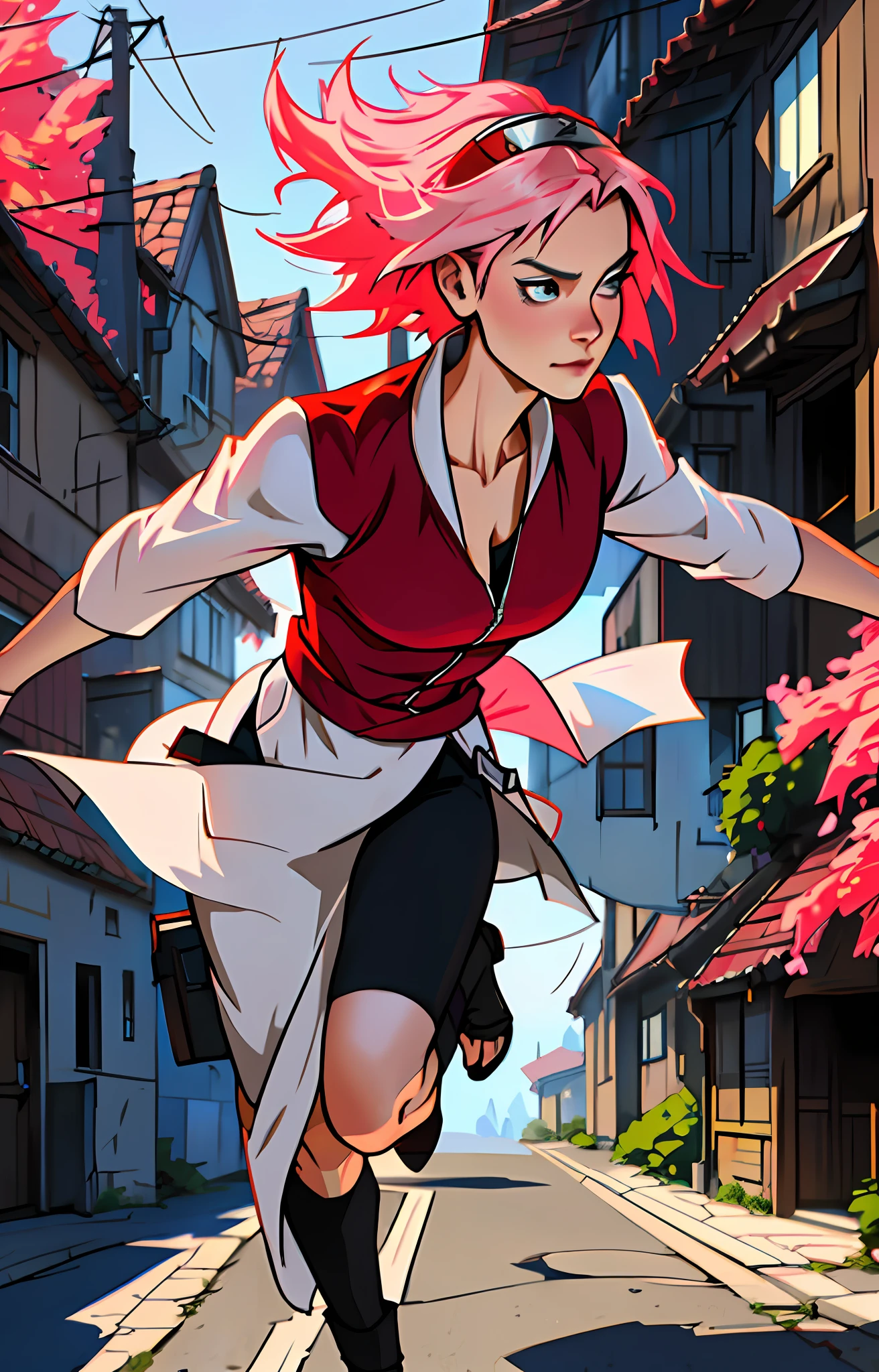 Sakura Haruno, seductive, ((forehead the show)), attractive,white overcoat, red bandana, red blouse, pink hair, delicate, young, short hair, detailed face, in a village, high definition, full body, trend in artstation, by rhads, andreas rocha, rossdraws, makoto shinkai, laurie greasley, lois van baarle, ilya kuvshinov and greg rutkowski