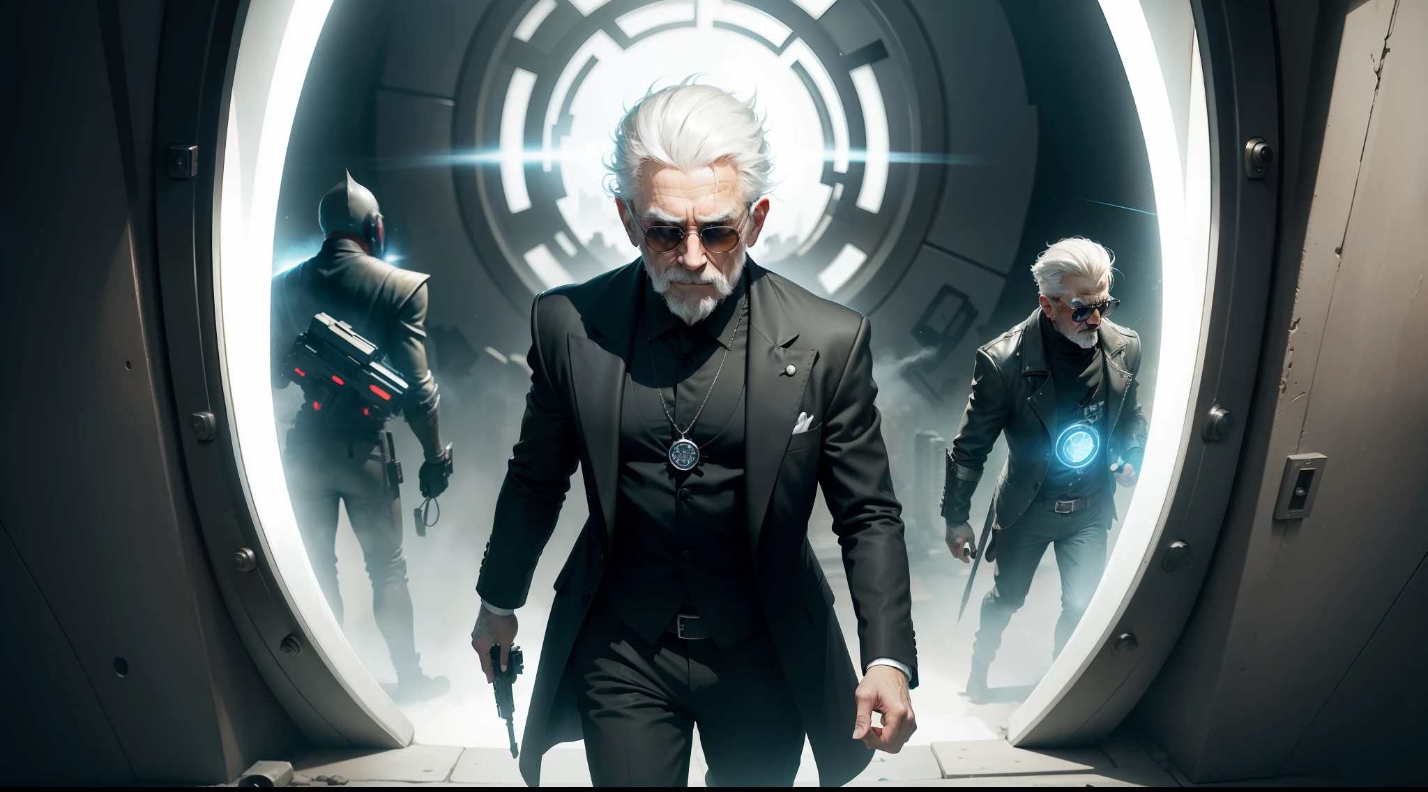 /imagine prompt: illustration of Gangster elements, old men with white hair and black clothes walk out of the time tunnel ,An old man in black with white hair, sunglasses, and a gun::10, Time tunnel emits dazzling light spots::15, lightning::15, Step out of the energy ball::16, City center::16, Center the composition::5, up view::6, Unreal Engine::10, Studio light::10, Cinematic light::11, Volumetric light::6, Fantasy::6, Retro::5, hyper quality::6, Futuristic Robots::2, Steampunk::10 --seed 252441588 --s 400 --q 2 --c 30