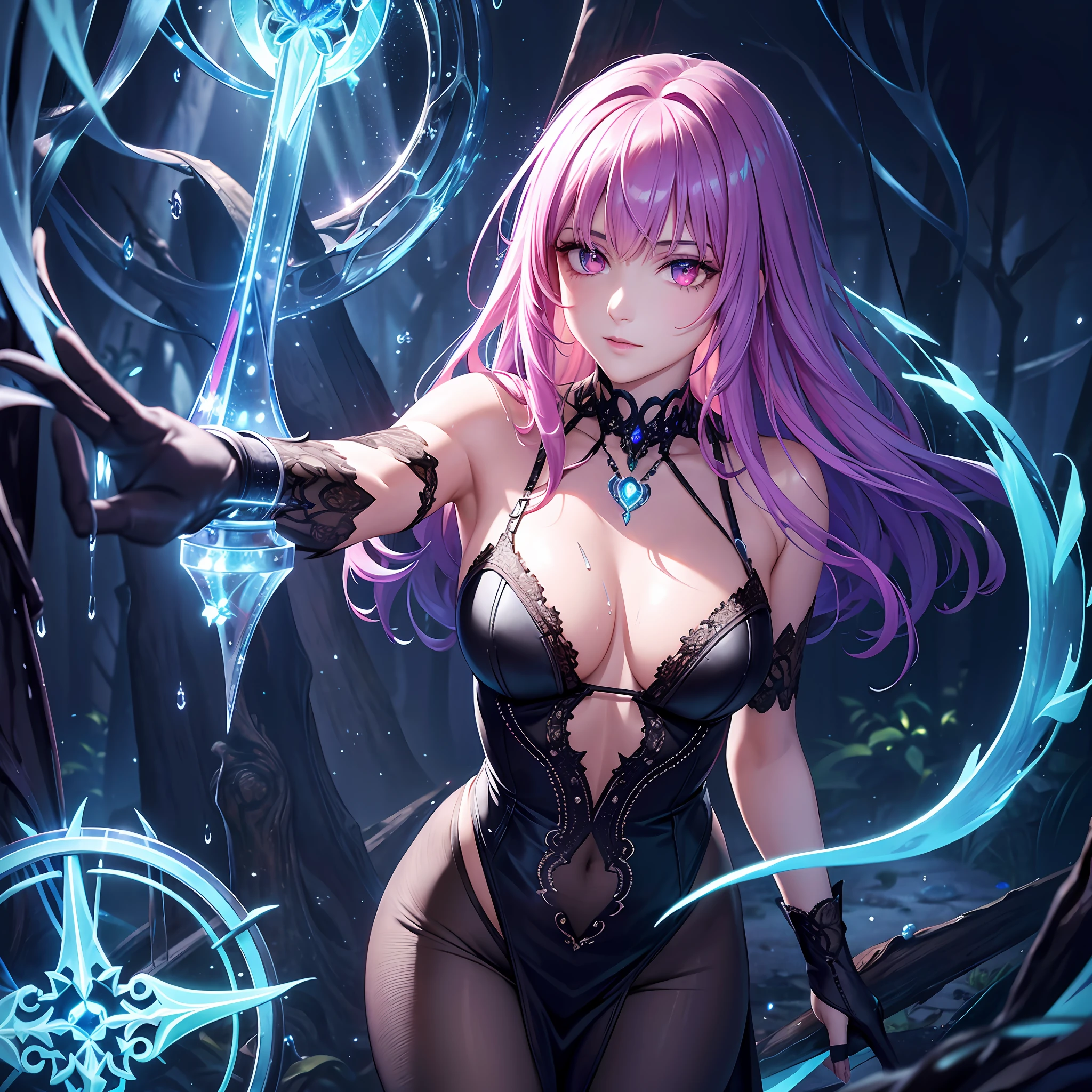 illustration, cinematic light, highres, highest quallity, ultra detailed, detailed face, (detailed eyes), best quality, hyper detailed, masterpiece, (detailed face), clean face, sexy mature woman wears transparent (torn) cloths, floating cloth, see through, choker, open cloths, nsfw, high heels, red eyes, neon tiny glowing hair ends, dark fantasy forest, glowing plants with neon details, dark magic sword, (portal:1.15) to the underworld in the background, light reflection, heart shaped iris, playful eyes, open shoulder, rain, (wet body), tiny glowing butterfly, hair jewery