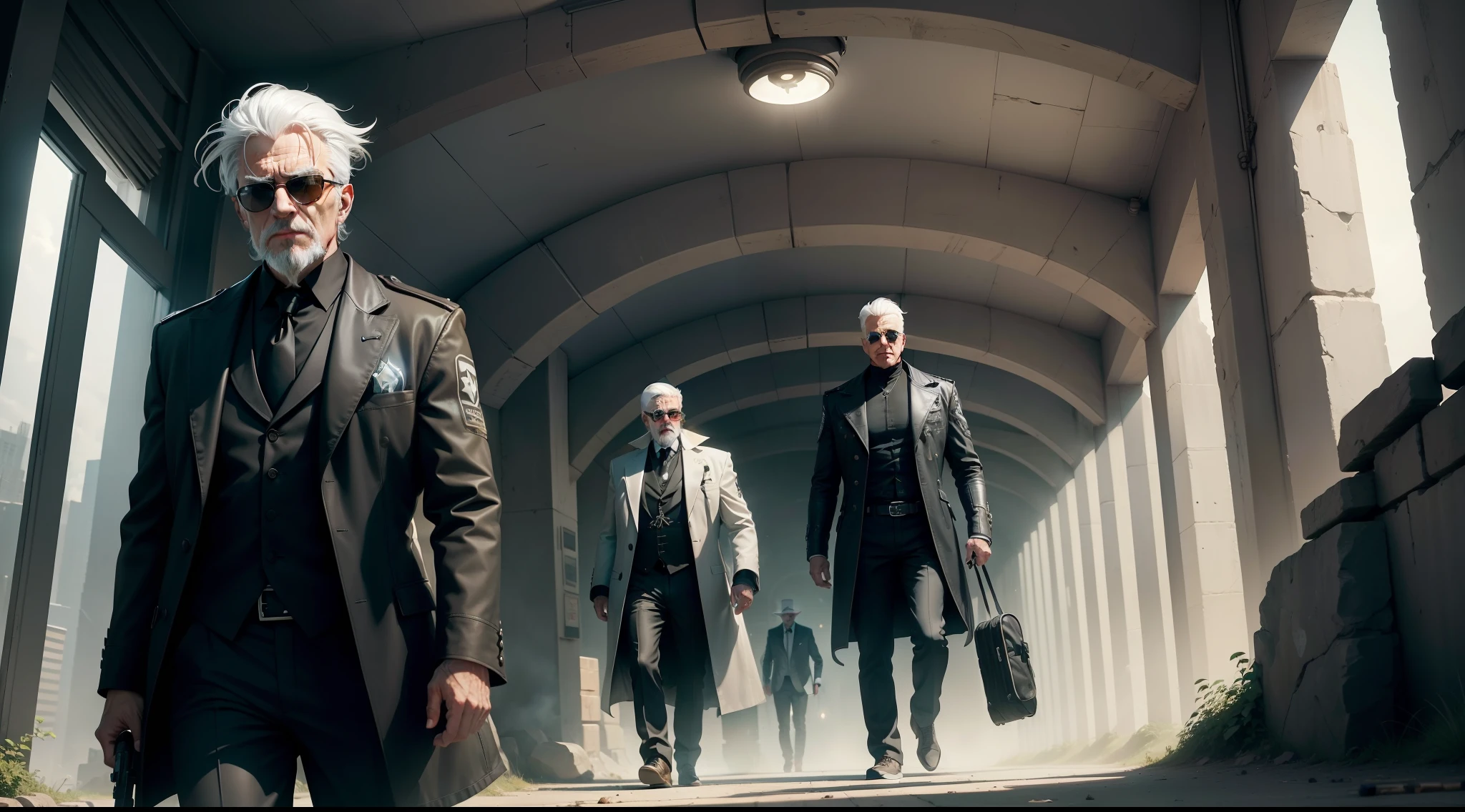 /imagine prompt: illustration of Gangster elements, old men with white hair and black clothes walk out of the time tunnel ,An old man in black with white hair, sunglasses, and a gun::10, Time tunnel emits dazzling light spots::15, lightning::15, Step out of the energy ball::16, City center::16, Center the composition::5, up view::6, Unreal Engine::10, Studio light::10, Cinematic light::11, Volumetric light::6, Fantasy::6, Retro::5, hyper quality::6, Futuristic Robots::2, Steampunk::10 --seed 252441588 --s 400 --q 2 --c 30