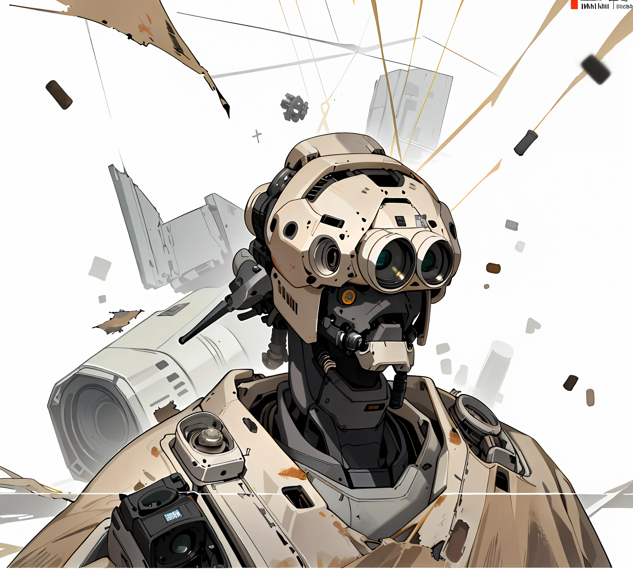 (square head 1.5), With front and back view, Bust of a humanoid mech,({His outfit is a coat with a huge hood in the color of sand, old, torn and pierced 1.5}), ({His head has a rectangular shape, like a monitoring camera, and at the tip an extremely large red lens used to see 1.5}), in gray color, rectangular head, camera head, head with lenses, wearing a sand-colored fabric coat and aged and torn, wearing a fabric hood. With transparent background, no bottom. apocalypse, Dirty with dust. (just a giant eye in the center of the head. 1.5), ({all his bodywork is tangled, worn and with bullet dent mark 1.5})