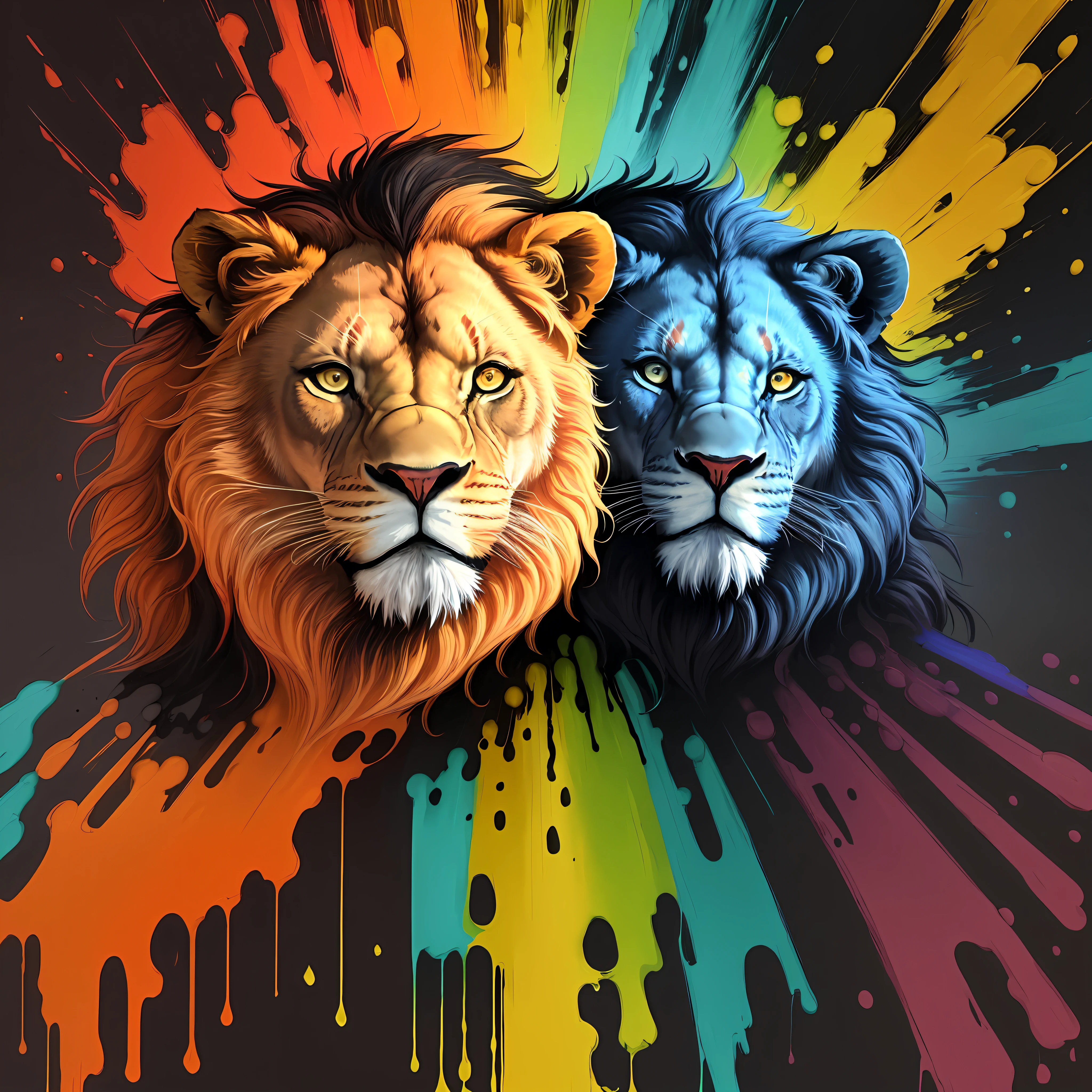 a colorful lion painting on a black background, large colored images, strong and vibrant colors, poster color on canvas, colorful art, high definition art, animal painting, color film art, color painting, color digital art, elegant art, portrait of a smooth frank, color 8k image, color painting, painted in bright watercolors
