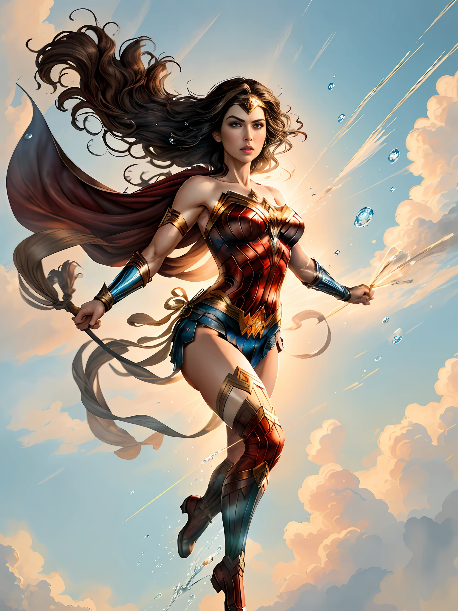 An ultra-detailed, highly dynamic illustration of Wonder Woman as our masterpiece, best quality, ultra-detailed heroine. She is floating in the air, whipping the lasso of truth with an exquisite motion captured at a dynamic angle. Her hair (dark Brown hair: 1.3) is flowing in the wind, contrasting against her white wuxia clothes adorned with a neck ribbon and her intense blue eyes. The atmosphere is heightened with a wide shot depicting watercolor twilight, with beautiful clouds and too many drops of water, evoking a sense of ethereal beauty.
