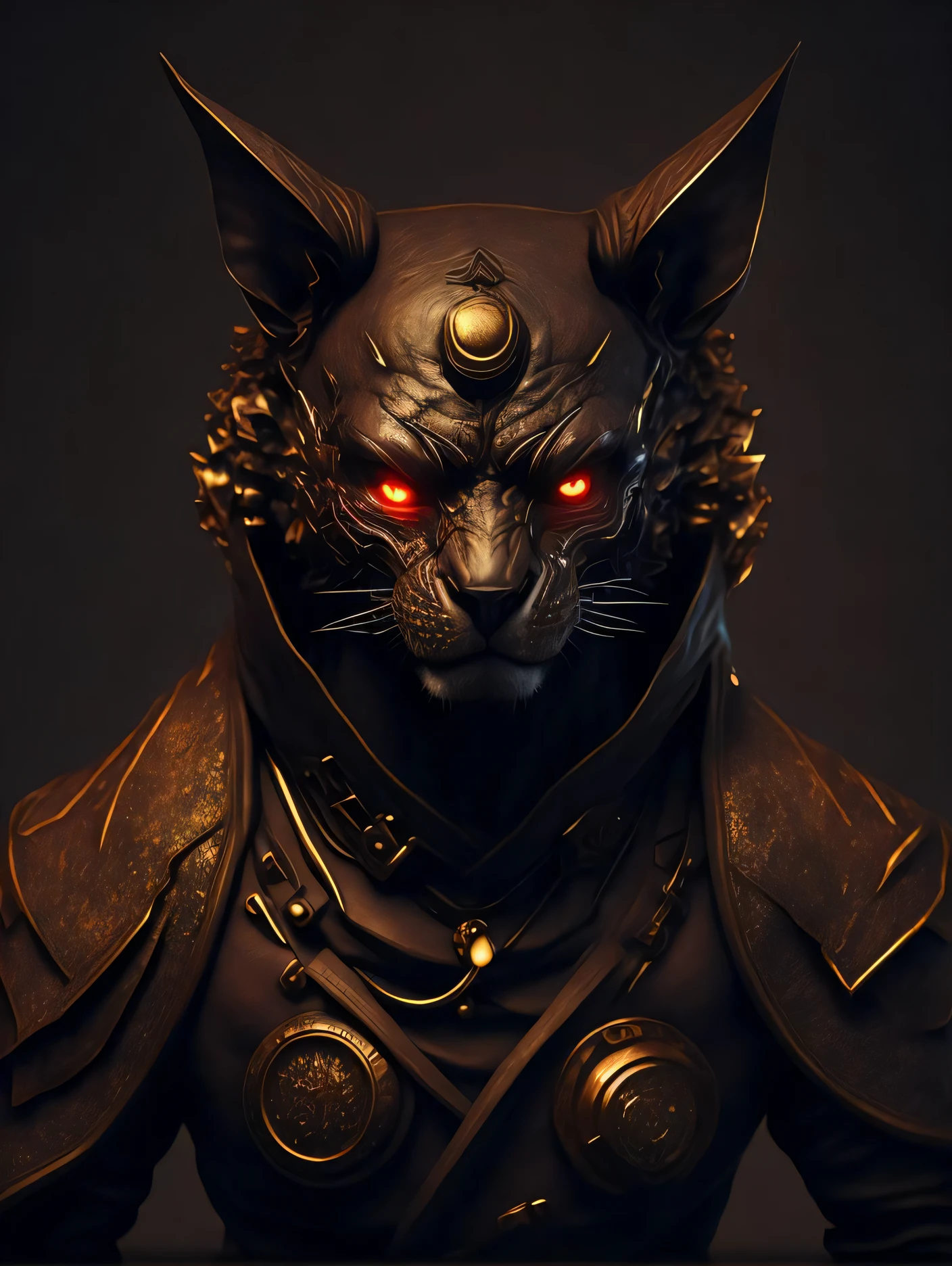 Angry cat god, closeup,  steampunk anthropomorphic , black plague mask,  Artstation illustrators, intricate details, face, full body portrait, dim light, illustration, UHD, 4K hyper realistic, tension, cold, highly detailed, sharp focus, professional, 8k UHD, cinematic, dark, violent, outdoor, River, battle, chase, dramatic, vivid, nervous vibe, render, epic, twilight, HDR, album cover, blizzard, lightning, cataclysmic