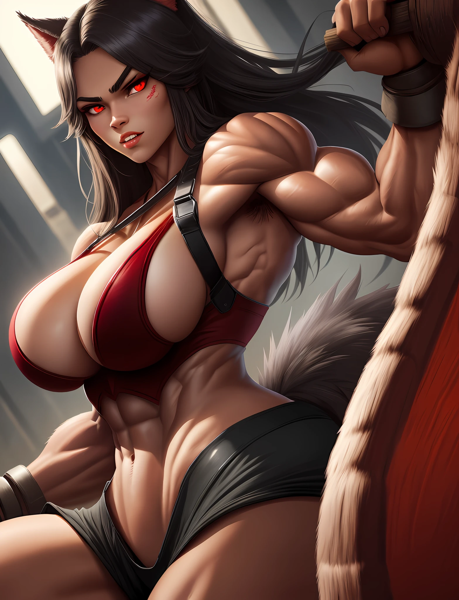 1girl, anthro, muscular girl, werewolf girl, red eyes, huge ass, big breast, dark square
