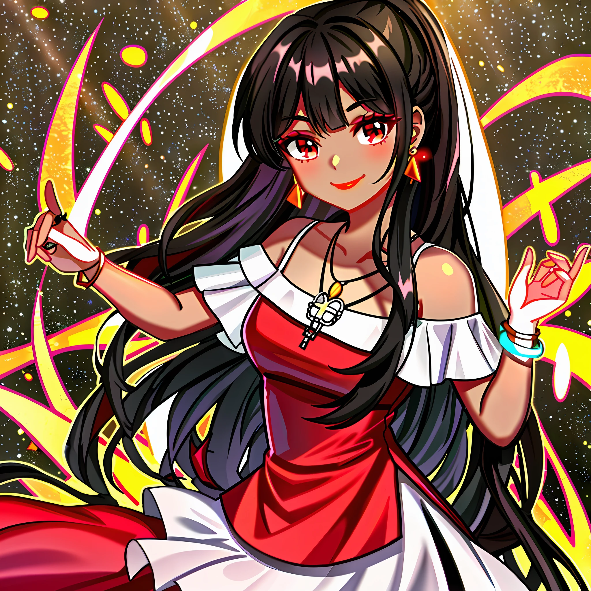 1girl, solo, long_hair, hands_on_hips, jewelry, black_background, brown_hair, simple_background, smile, brown_eyes, necklace, dress, makeup, looking_at_viewer, dark_skin, dark-skinned_female, full_body, standing, bare_shoulders, ponytail, off_shoulder, lipstick, closed_mouth, skirt, very_long_hair, off-shoulder_dress, off-shoulder_shirt, outline, red_dress, bangs, doll_joints, black_hair, joints, eyeshadow, red_eyes, high_ponytail, red_lips, swept_bangs, red_skirt, bracelet, curly_hair, breasts, sidelocks, eyeliner, earrings, shirt, doll, white_dress, long_skirt, collarbone, head_tilt, white_outline, chibi, pendant, hand_on_hip, long_dress, multicolored_clothes, medium_breasts, multicolored_dress, lips,