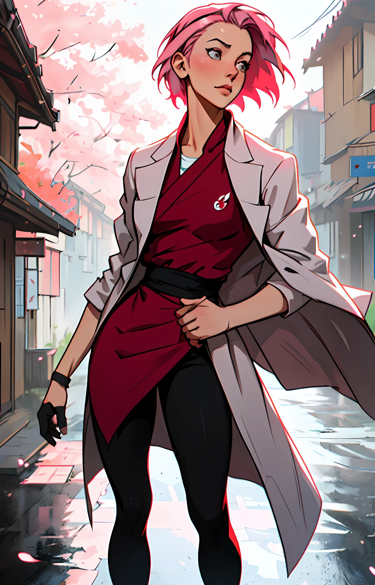 Sakura Haruno, seductive, ((forehead the show)), attractive,white overcoat, red bandana, red blouse, pink hair, delicate, young, short hair, detailed face, in a village, high definition, full body, trend in artstation, by rhads, andreas rocha, rossdraws, makoto shinkai, laurie greasley, lois van baarle, ilya kuvshinov and greg rutkowski
