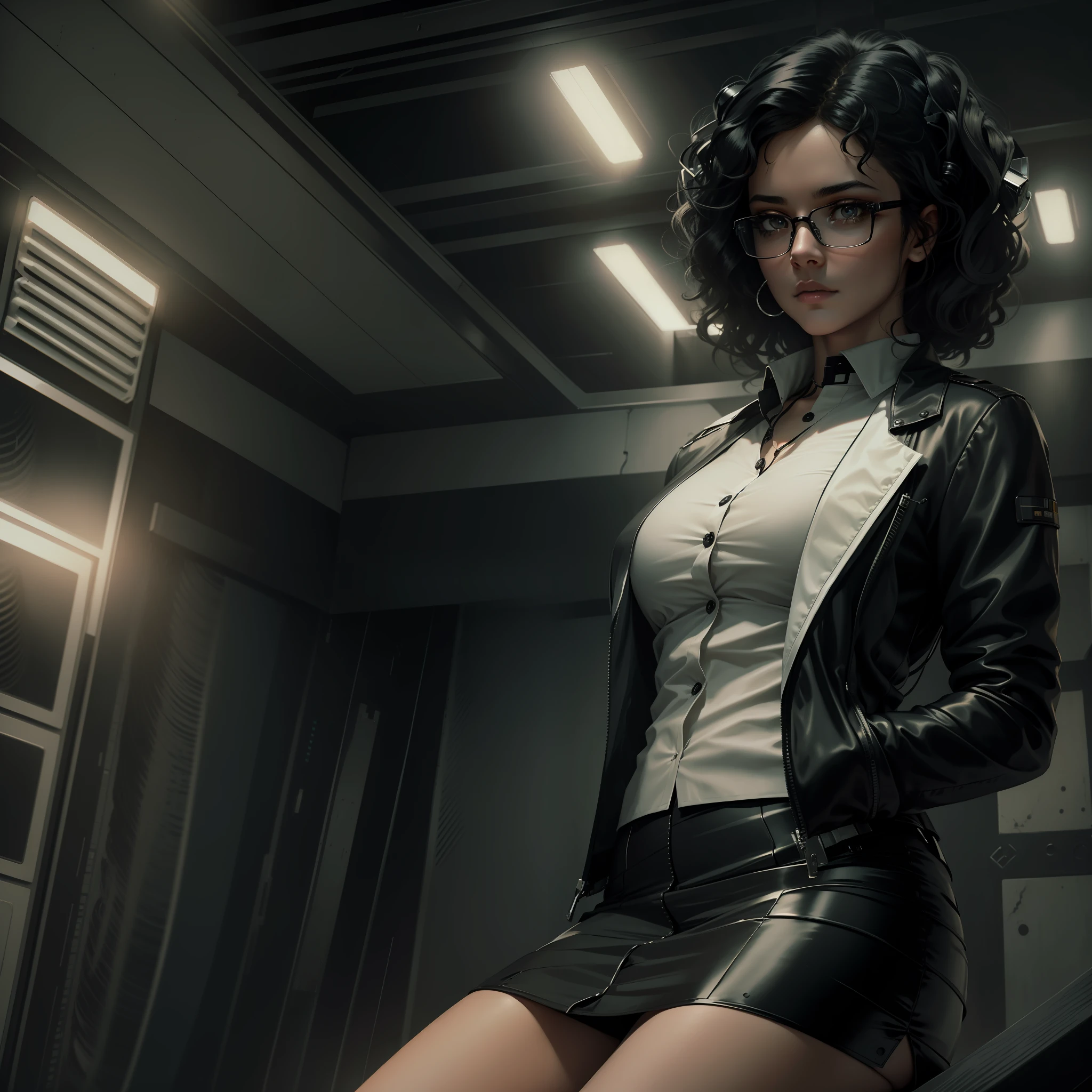 Medical Sci-fi, futuristic, pretty, ((black wavy hair)), wire-framed glasses, white button-up shirt, medium breasts, black skirt, ((beautiful legs)), spaceship interior, sinister atmosphere, dark tone . ((masterpiece)), (((Best Quality)))