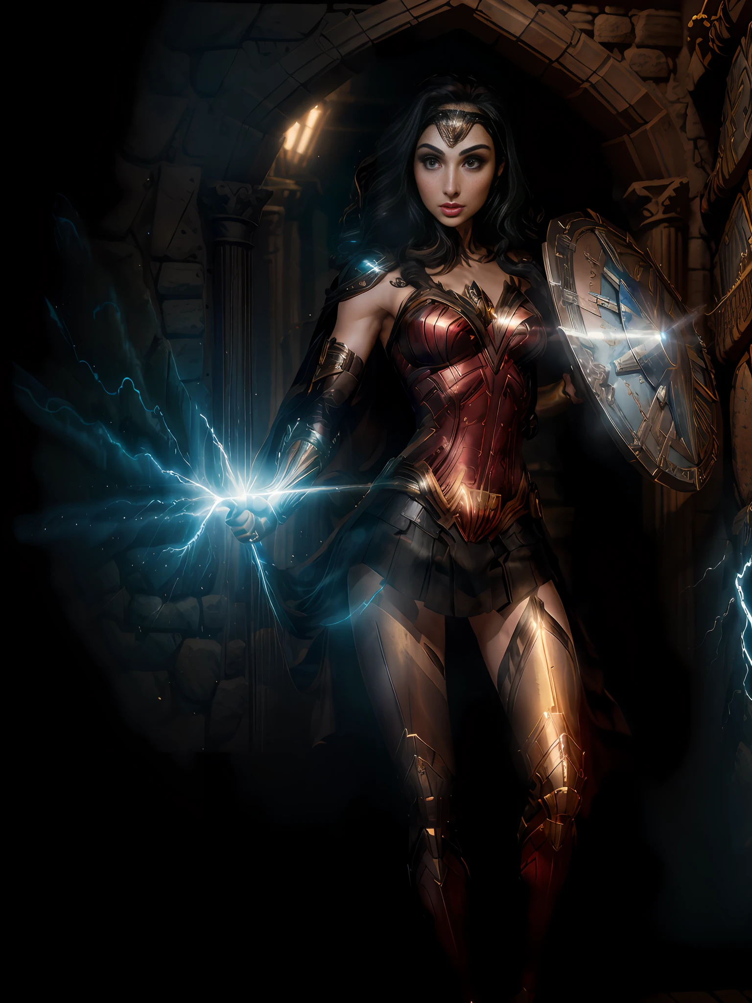 (masterpiece), best quality, ultra-detailed CG unity 8k wallpaper, (best illumination, best shadow), some of the strongest womanly essence,(1 woman),(Gal Gadot:1.3), confident and heroic, a subtle smirk and fierce gaze, (armored and shining) breastplates and leggings, (weapon:1.2), (shield:1.1), lightning and thunder, (powerful stance:1.2), (defying gravity), (battlefield background), (Volumetric light).