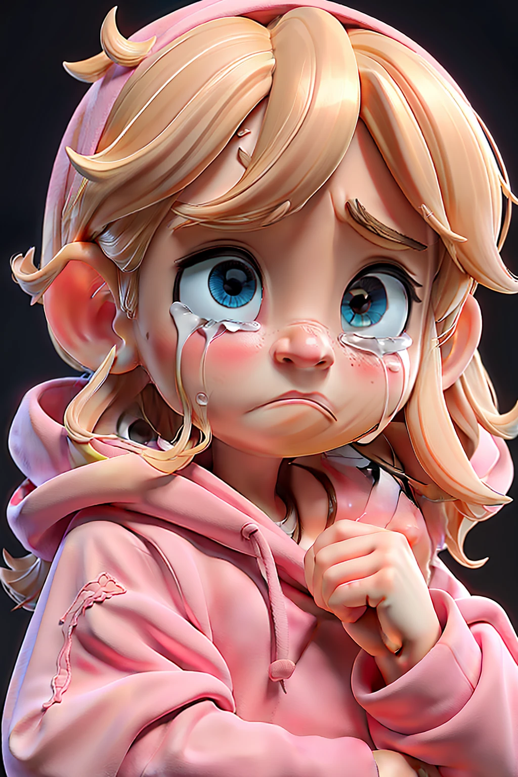 masterpiece, best quality,a sad blonde girl with blonde hair crying with tears wearing pink hoodie, black background