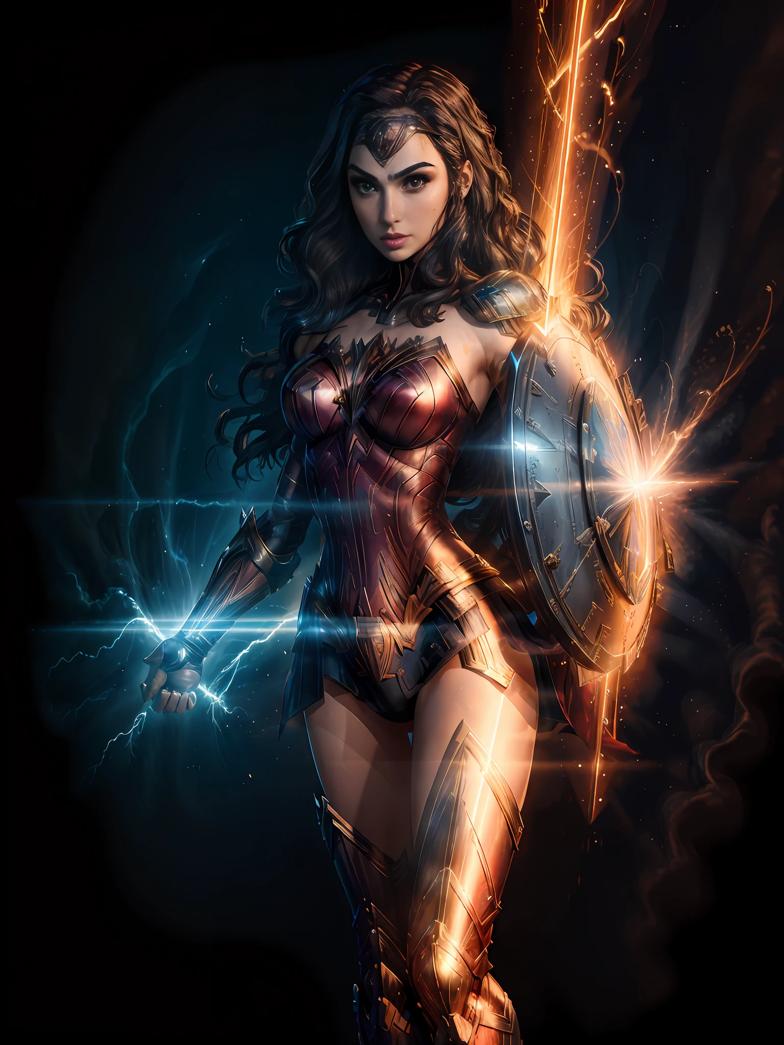 (masterpiece), best quality, ultra-detailed CG unity 8k wallpaper, (best illumination, best shadow), some of the strongest womanly essence,(1 woman),(Gal Gadot:1.3), confident and heroic, a subtle smirk and fierce gaze, (armored and shining) breastplates and leggings, (weapon:1.2), (shield:1.1), lightning and thunder, (powerful stance:1.2), (defying gravity), (battlefield background), (Volumetric light).