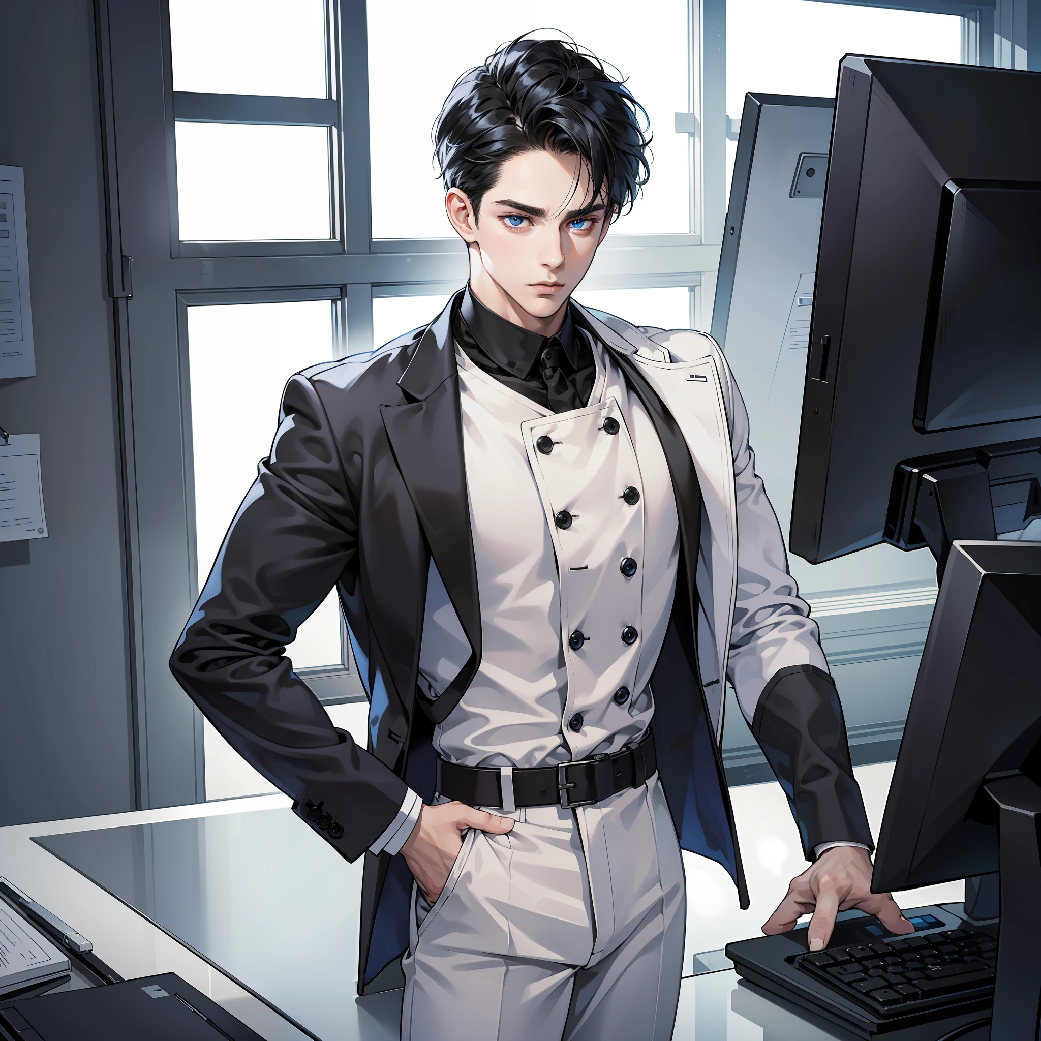 Masterpiece, high quality, best quality, beautiful, HD, realistic, perfect lighting, detailed face, detailed body, 1 man, black hair, blue eyes, masculinity, suit, (dull expression: 1.5) (face natural: 1.5), standing office: 1.2, surrounded by modern furniture and technology