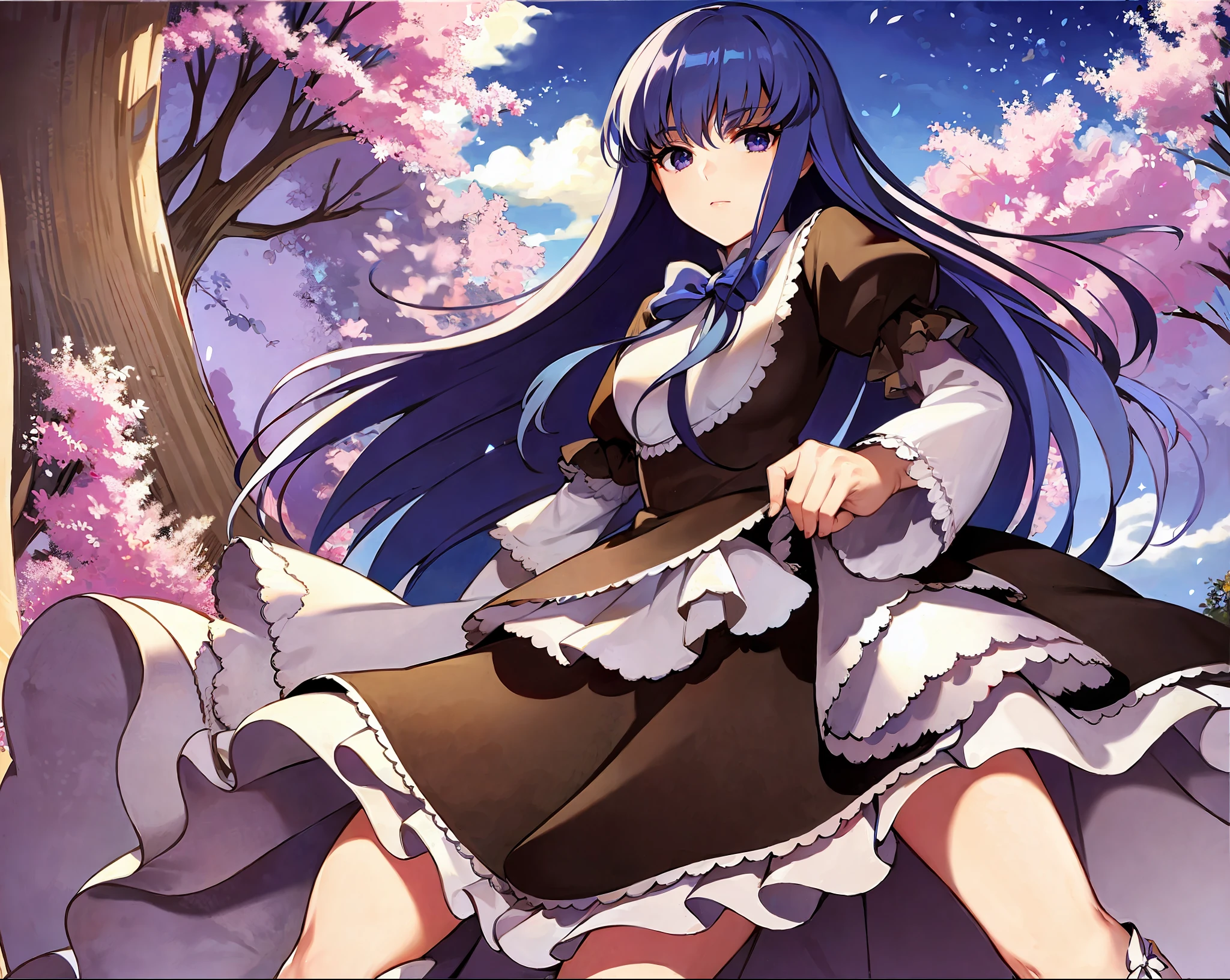 beautiful, masterpiece, best quality, extremely detailed face, perfect lighting, 1girl, solo, top-down bottom-up, frederica bernkastel, blue hair, purple eyes, best quality: 1.5, masterpiece, perfect figure, delicate hands, HDR, detailed body, extremely detailed, higres, beautiful girl, Summer, grass, a few small flowers, large clouds, blue sky, hot weather