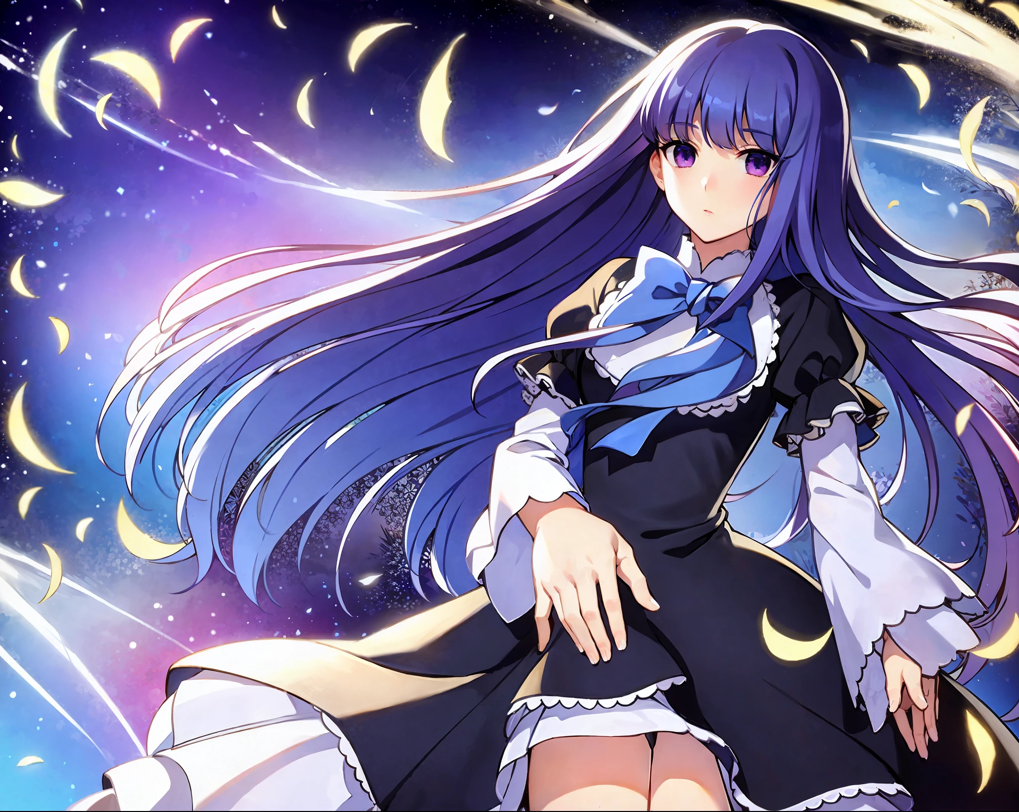 beautiful, masterpiece, best quality, extremely detailed face, perfect lighting, 1girl, solo, top-down bottom-up, frederica bernkastel, blue hair, purple eyes, best quality: 1.5, masterpiece, perfect figure, delicate hands, HDR, detailed body, extremely detailed, higres, beautiful girl, Summer, grass, a few small flowers, large clouds, blue sky, hot weather