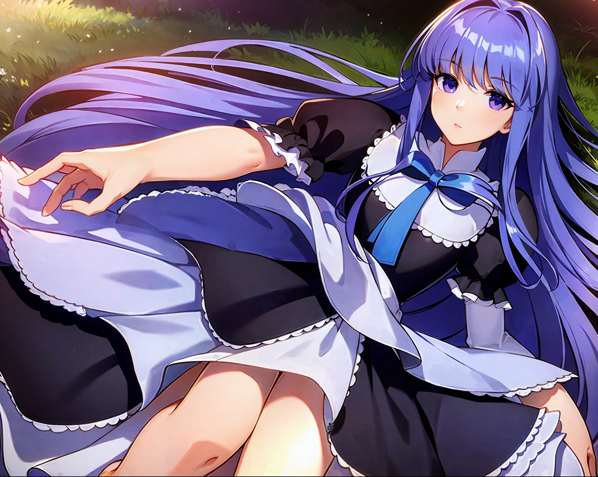beautiful, masterpiece, best quality, extremely detailed face, perfect lighting, 1girl, solo, top-down bottom-up, frederica bernkastel, blue hair, purple eyes, best quality: 1.5, masterpiece, perfect figure, delicate hands, HDR, detailed body, extremely detailed, higres, beautiful girl, Summer, grass, a few small flowers, large clouds, blue sky, hot weather