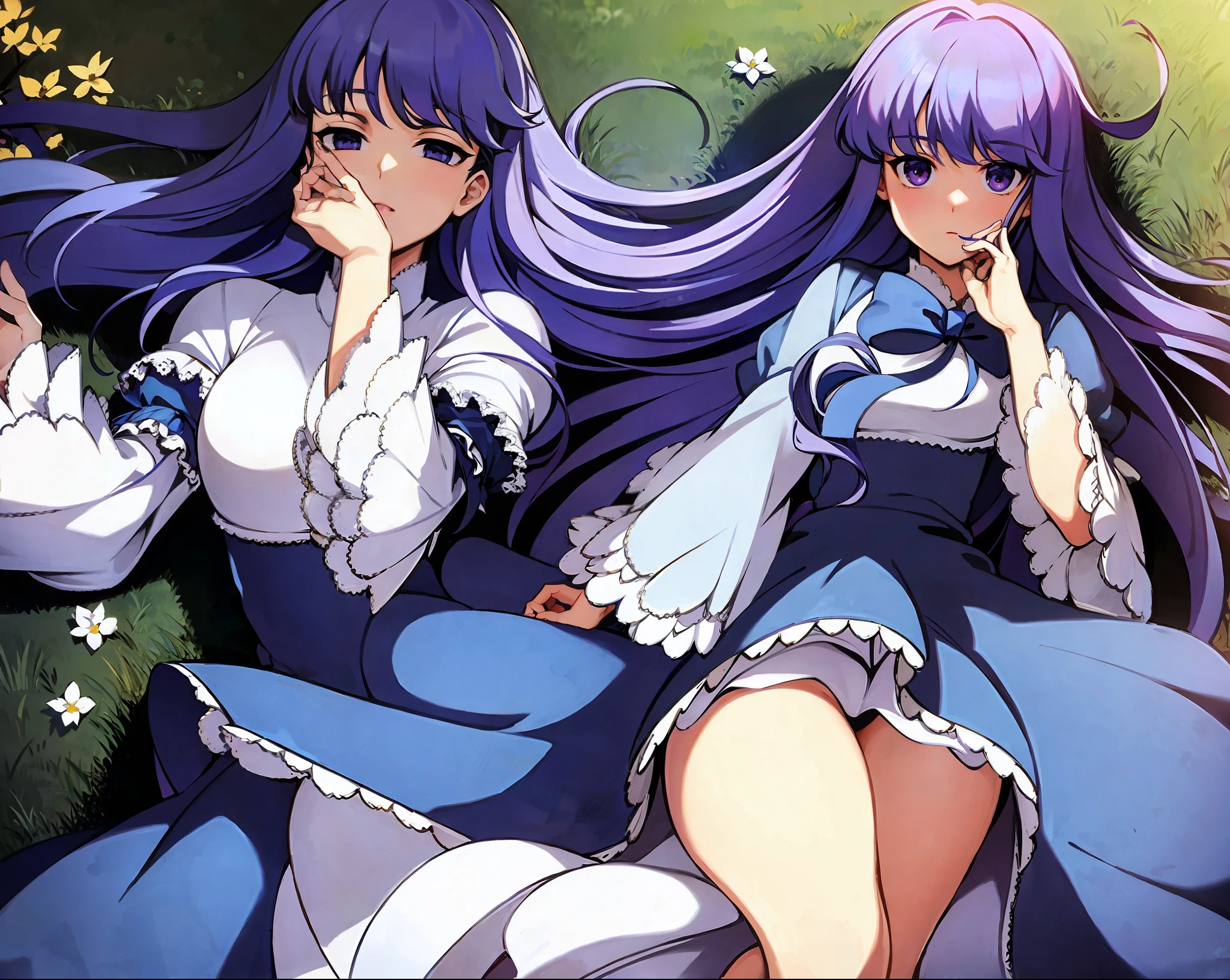 beautiful, masterpiece, best quality, extremely detailed face, perfect lighting, 1girl, solo, top-down bottom-up, frederica bernkastel, blue hair, purple eyes, best quality: 1.5, masterpiece, perfect figure, delicate hands, HDR, detailed body, extremely detailed, higres, beautiful girl, Summer, grass, a few small flowers, large clouds, blue sky, hot weather