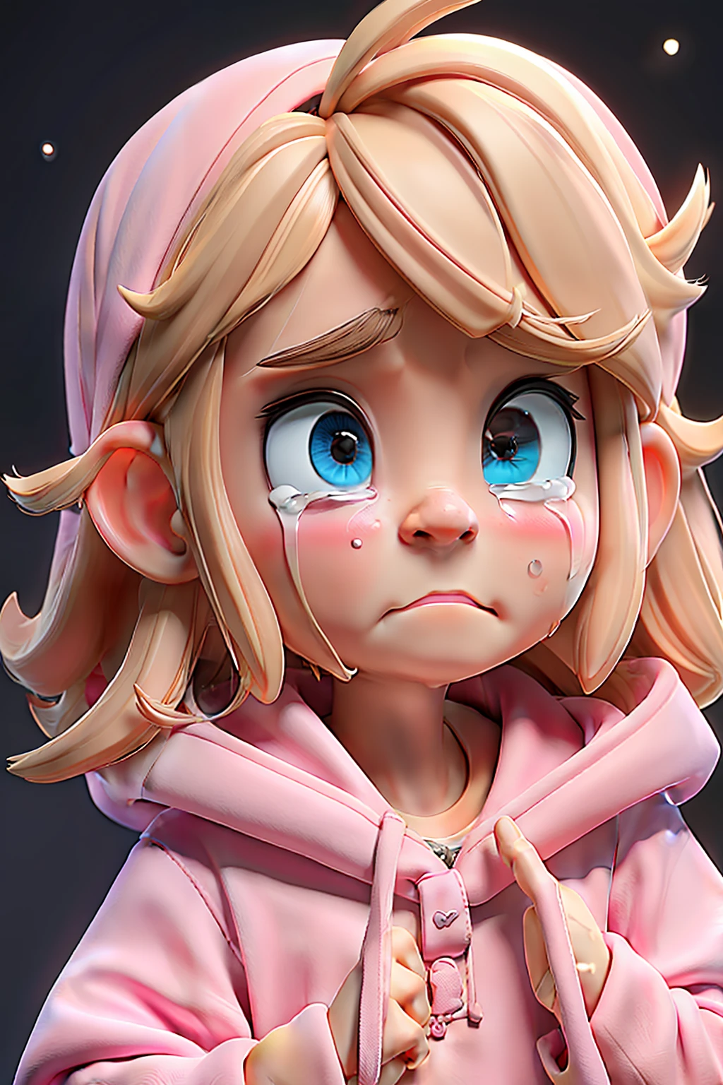 masterpiece, best quality,a sad blonde little girl with blonde hair crying with tears wearing pink hoodie, black background