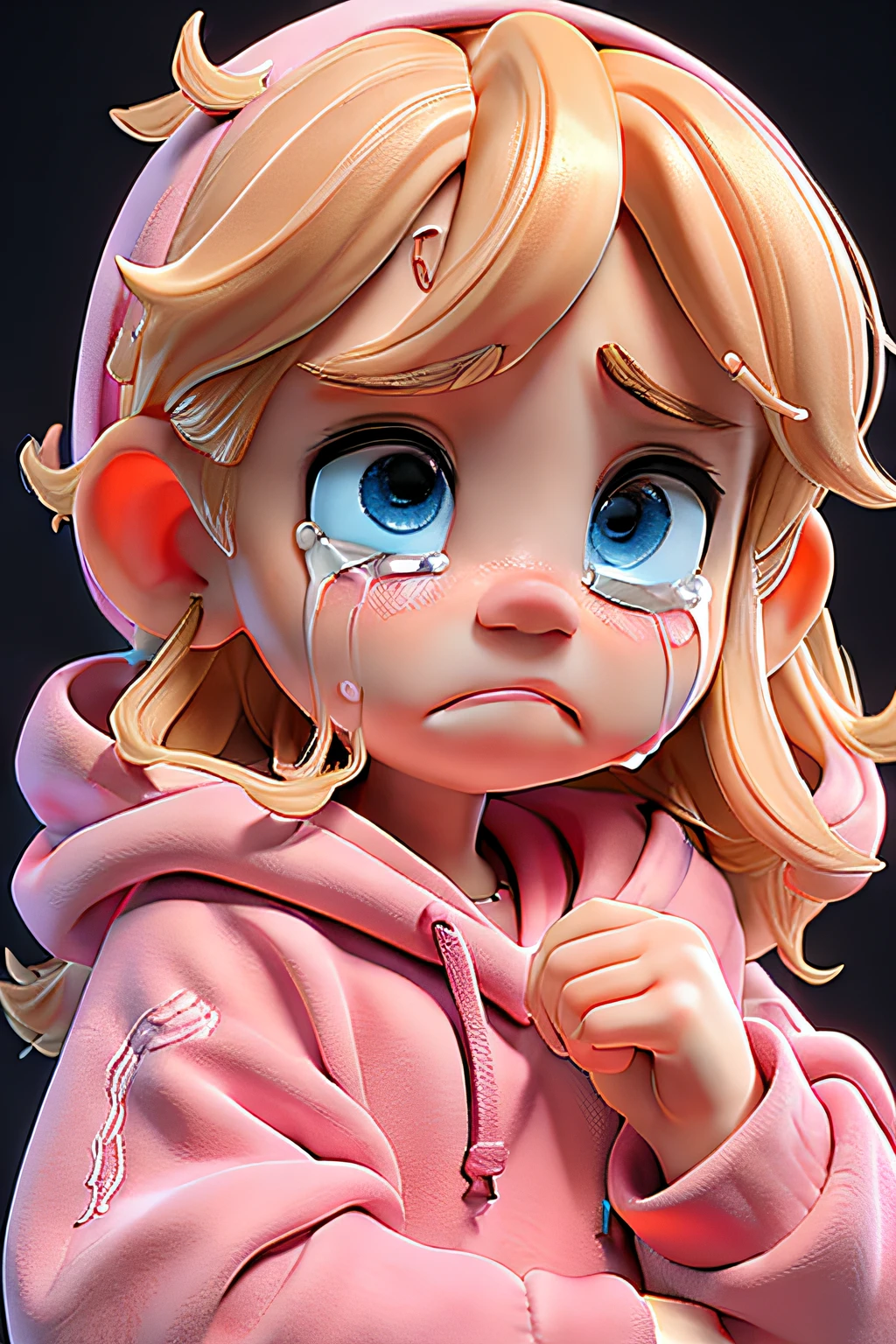 masterpiece, best quality,a sad blonde little girl with blonde hair crying with tears wearing pink hoodie, black background