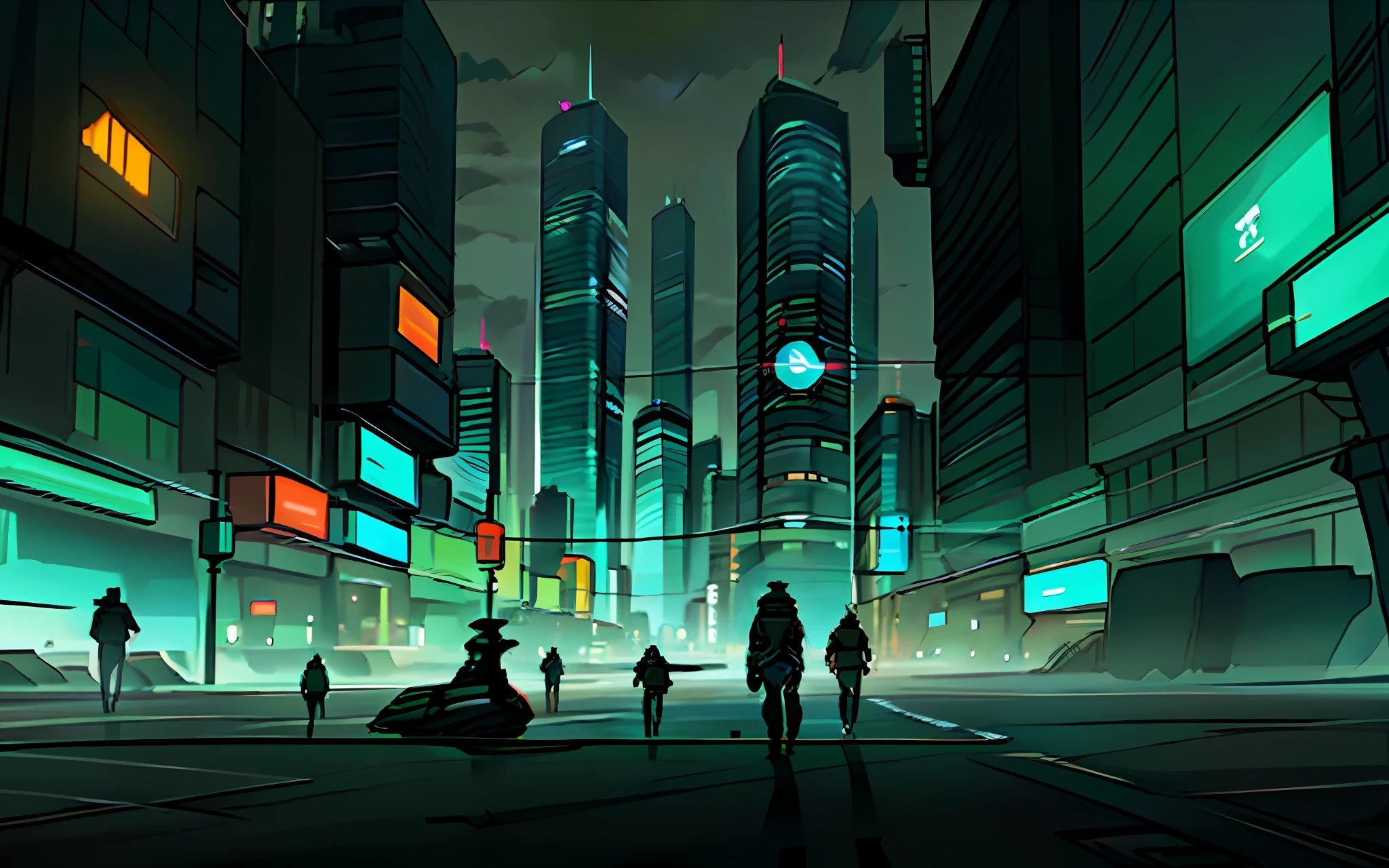 A futuristic city with a large skyscraper in the middle with a sign reading "WATCH", the surrounding scenery being surrounded by buildings and houses, with electronic advertisements around, timesquare style. It's night and the sky is very black, there are few clouds in the sky, and those are grays. There are some night patrollers who wander through the black sky, they are flying automobiles, with a spherical shape, having a white light coming out of their headlights, thus illuminating parts of the city. On the plane of the image is a young man with long black hair, who is on his back and in a cybernetic suit.