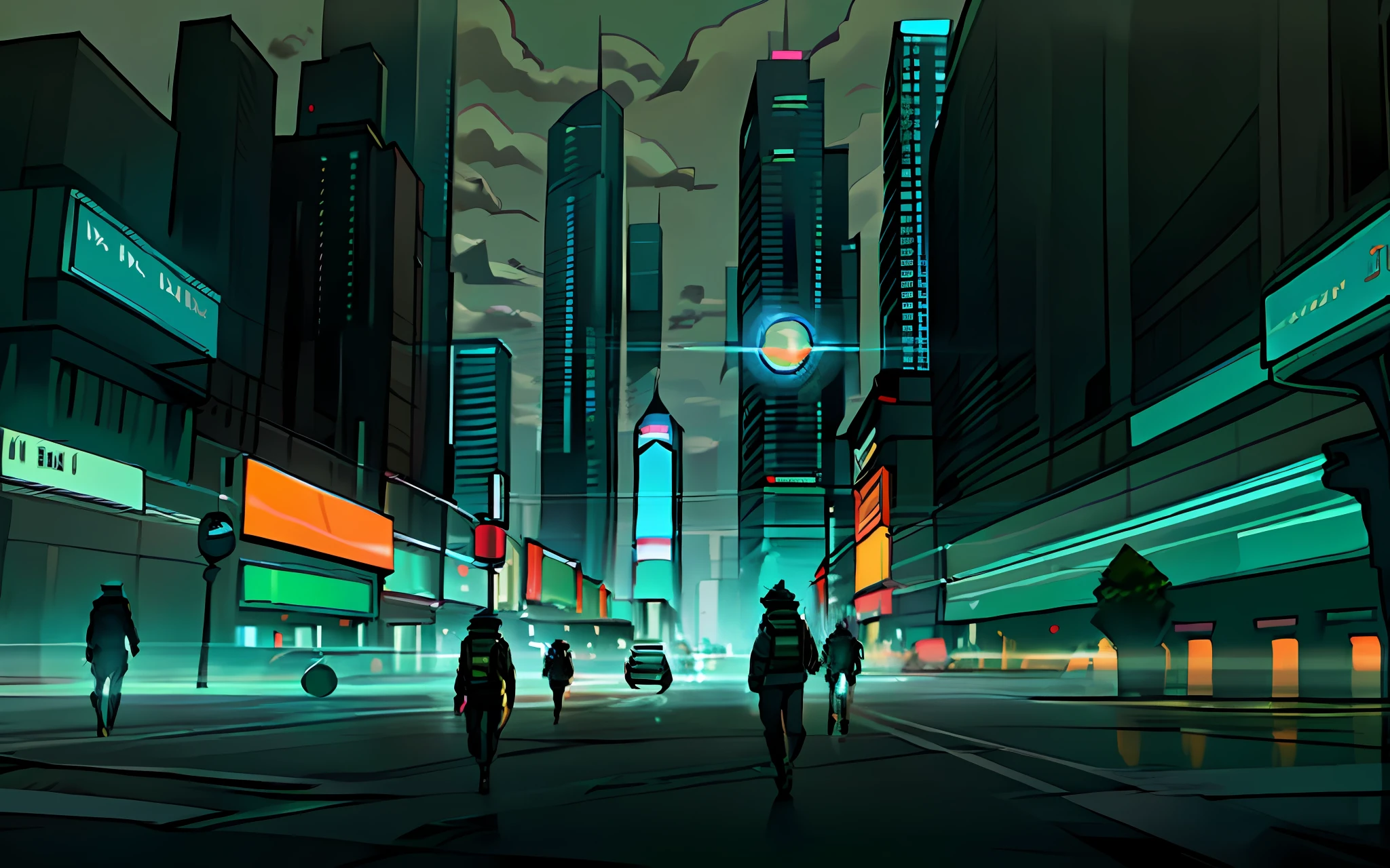A futuristic city with a large skyscraper in the middle with a sign reading "WATCH", the surrounding scenery being surrounded by buildings and houses, with electronic advertisements around, timesquare style. It's night and the sky is very black, there are few clouds in the sky, and those are grays. There are some night patrollers who wander through the black sky, they are flying automobiles, with a spherical shape, having a white light coming out of their headlights, thus illuminating parts of the city. On the plane of the image is a young man with long black hair, who is on his back and in a cybernetic suit.