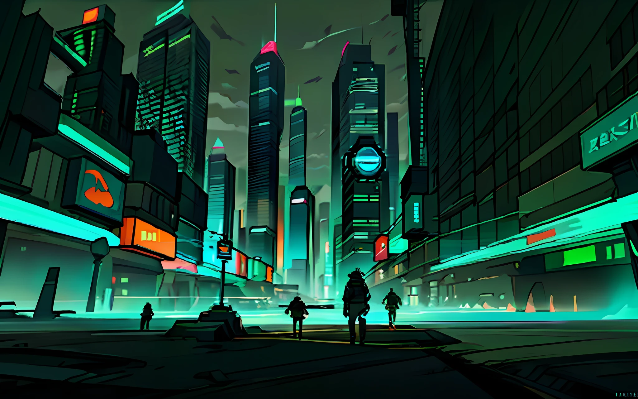 A futuristic city with a large skyscraper in the middle with a sign reading "WATCH", the surrounding scenery being surrounded by buildings and houses, with electronic advertisements around, timesquare style. It's night and the sky is very black, there are few clouds in the sky, and those are grays. There are some night patrollers who wander through the black sky, they are flying automobiles, with a spherical shape, having a white light coming out of their headlights, thus illuminating parts of the city. On the plane of the image is a young man with long black hair, who is on his back and in a cybernetic suit.