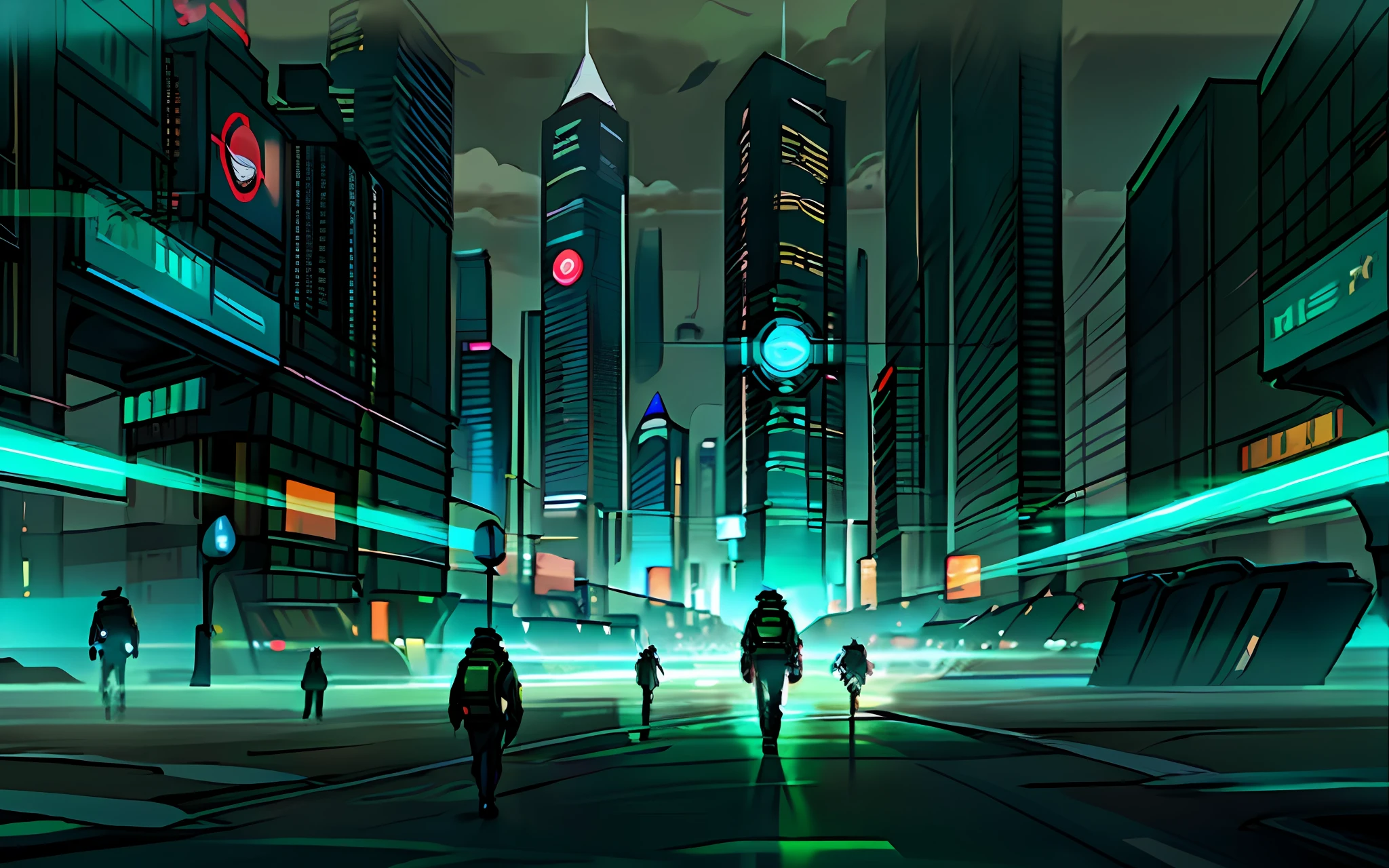 A futuristic city with a large skyscraper in the middle with a sign reading "WATCH", the surrounding scenery being surrounded by buildings and houses, with electronic advertisements around, timesquare style. It's night and the sky is very black, there are few clouds in the sky, and those are grays. There are some night patrollers who wander through the black sky, they are flying automobiles, with a spherical shape, having a white light coming out of their headlights, thus illuminating parts of the city. On the plane of the image is a young man with long black hair, who is on his back and in a cybernetic suit.