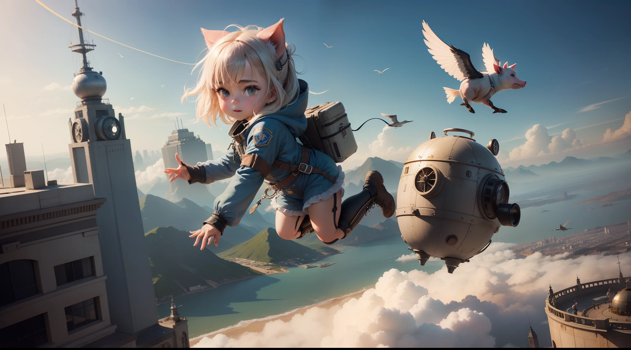 /imagine prompt: illustration of A little girl in a flying suit and a pig in a steamer fly over the city ,A beautiful little girl with long ears::10, Flying in the air::15, Little girl leads punk pig flight::15, flight::16, Over the city::16, Asymmetrical Composition::5, A bird's-eye view::6, Unreal Engine::10, beautiful lighting::10, Cinematic light::11, Bright::6, Fantasy::6, Cinematic::5, hyper quality::6, Futuristic Robots::2, Steampunk::12 --seed 252441588 --s 400 --q 2 --c 30