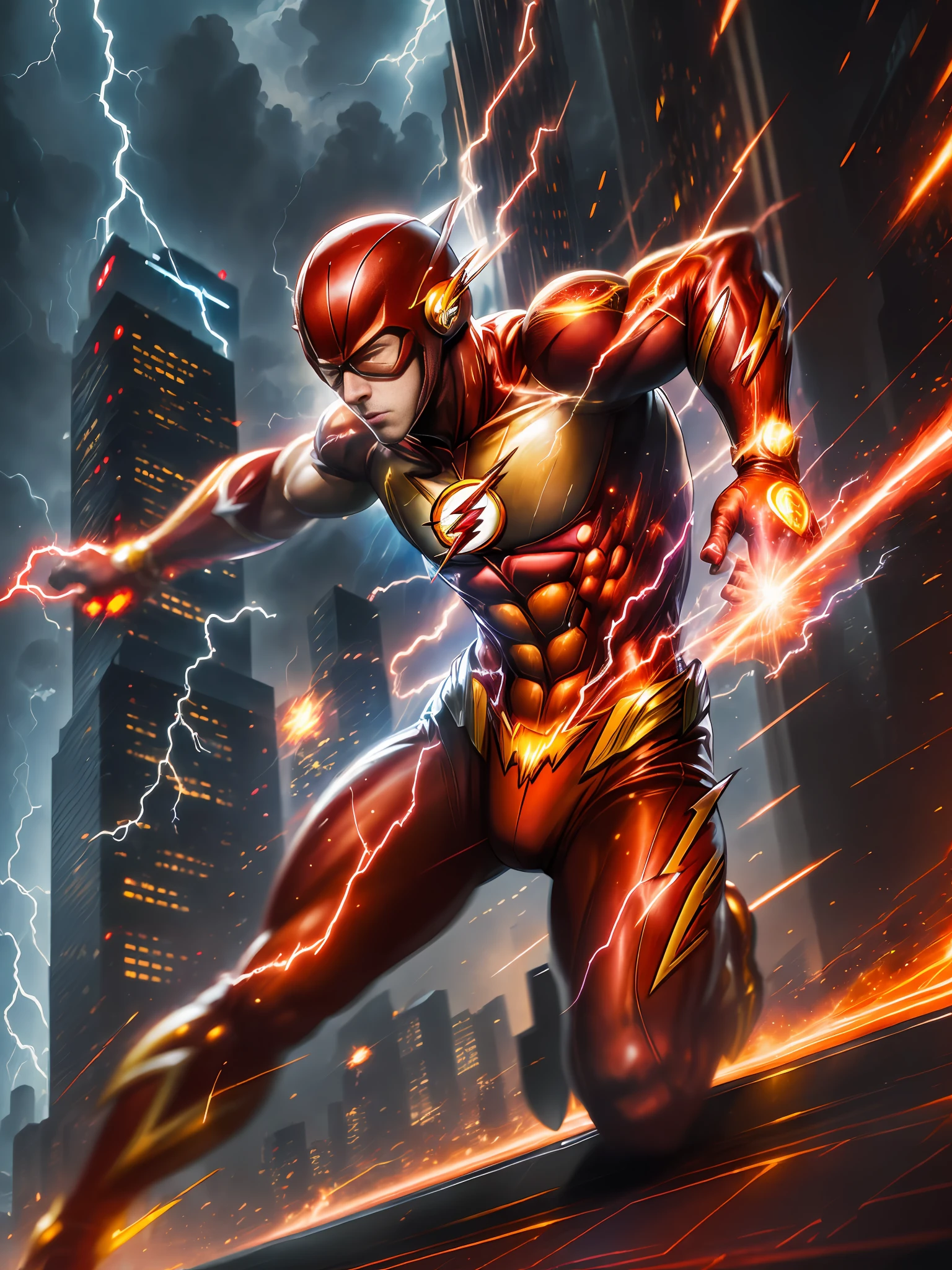 (masterpiece),(best quality, ultra-detailed CG),an epic illustration of "The Flash", the scarlet speedster, in action at lightning speed, dramatic angle, lightning bolts, intense colors, cityscape in background, dynamic pose, vibrant red and yellow superhero suit, lightning details, sparks, motion blur, with lightning surrounding the whole scene, making it come alive.