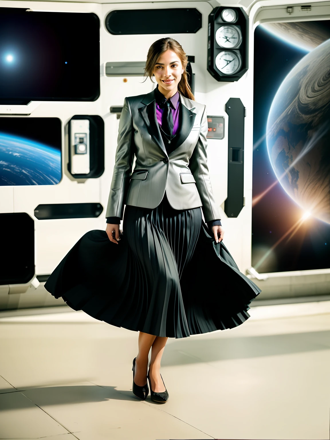 35mm f1.4 Kodak portra 400 photograph, extremely high quality RAW photograph, a therapist is playing with her skirt (in a flirting manner:1.3) on a space station, (shy) authentic (kind and tender) lesbian woman wearing a short blazer with a very very detailed (long (fully pleated) full circle skirt) and (simple) low heeled office shoes, very very intricate hyper-detailed symmetric (attractive graceful young feminine face) with (sad, tired) eyes and a (flirty smile:1.3), full of empathy and compassion and love, (pronounced feminine features:1,3), big boobs, large breasts, shirtless, topless, (highly detailed ultra accurate realistic) hands and fingers, ((windy conditions and wind blowing)), epic composition, highly detailed attributes, highly detailed atmosphere, detailed background, intricate, Exquisite details and textures, highly detailed, deep space station secret operations active background