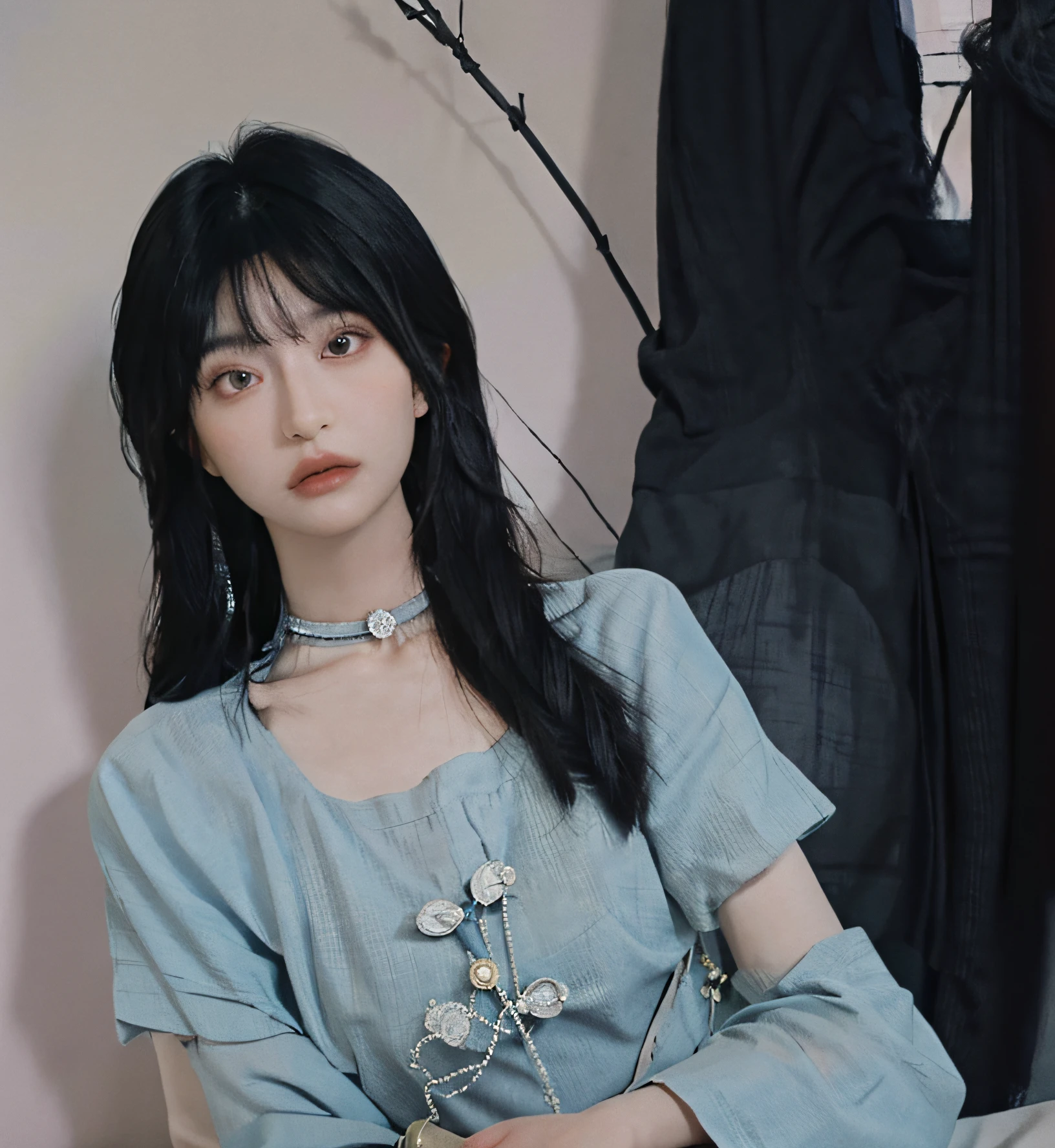 (masterpiece, best quality, 1girl, solo, intricate details, chromatic aberration), (realistic),(skin), ((breath)),(black hair,blunt bangs),detailed hair, red head ornament, blue highlights, hair over one eye,black eyes, small earrings, sharp eyes, choker,((dress)),(symmetry eyes),(perfect symmetrical body), night,(((natural light))),backlighting,against grey wall, dim lighting ,look at viewer,((centered shot, from front,(face and waist))),