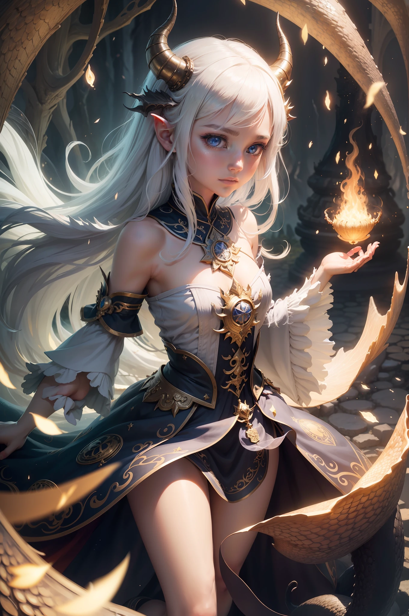 Best quality, masterpiece, illustration, super detailed, beautiful detailed eyes, (1girl:1.3), small height, dragon horns, scales, dragon tail, white hair, high angle view, otherworldly beauty, spell casting pose, invocation effect, soft and ethereal light, fantasy atmosphere, elemental magic, swirling energy, pulsating aura, determination, support, bright colors, floating, magic bond, guide light, flickering particles, captivating environment, casting, elemental power