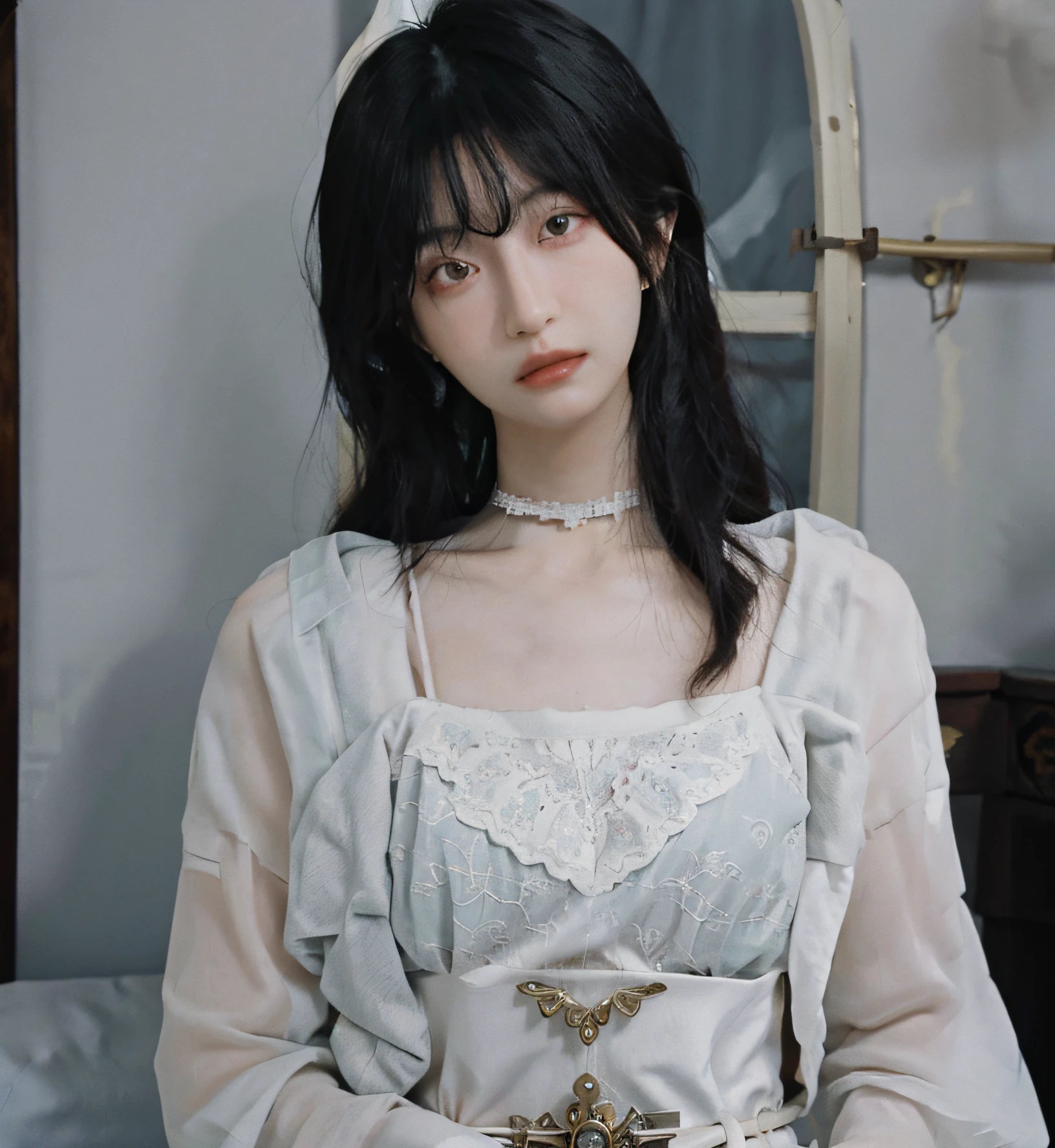 (masterpiece, best quality, 1girl, solo, intricate details, chromatic aberration), (realistic),(skin), ((breath)),(black hair,blunt bangs),detailed hair, red head ornament, blue highlights, hair over one eye,black eyes, small earrings, sharp eyes, choker,((dress)),(symmetry eyes),(perfect symmetrical body), night,(((natural light))),backlighting,against grey  wall, dim lighting ,look at viewer,((centered shot, from front,(face and waist))),