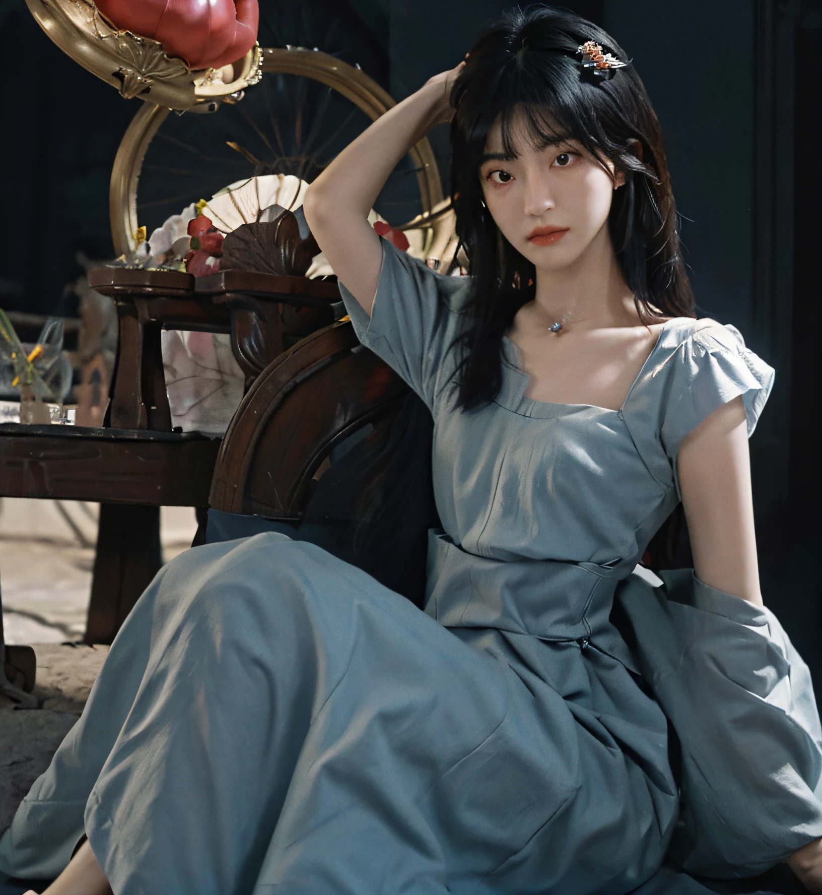 (masterpiece, best quality, 1girl, solo, intricate details, chromatic aberration), (realistic),(skin), ((breath)),(black hair,blunt bangs),detailed hair, red head ornament, blue highlights, hair over one eye,black eyes, small earrings, sharp eyes, choker,((dress)),(symmetry eyes),(perfect symmetrical body), night,(((natural light))),backlighting,against grey wall, dim lighting ,look at viewer,((centered shot, from front,(face and waist))),