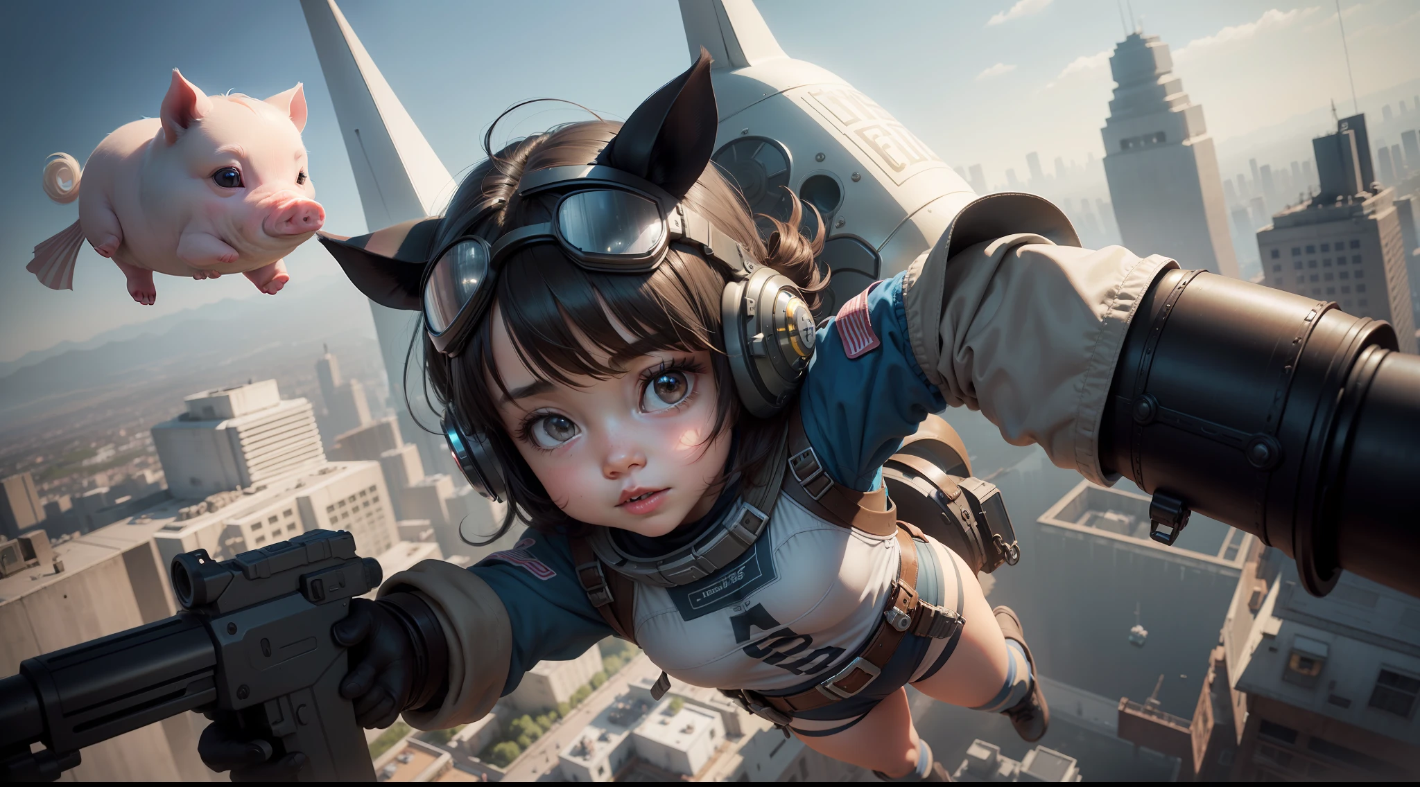 /imagine prompt: illustration of A girl in a flying suit and a pig in a friend overcoming, took off in the sky above the city ,A beautiful littlewith long ears::10, Flying in the air::15, Little girl punk pig flight::15, flight::16, Over the city::16, Asymmetrical Composition::5, A bird's-eye view::6, Unreal Engine::10, beautiful lighting::10, Cinematic light::11, Bright::6, Fantasy::6, Cinematic::5, hyper quality::6, Futuristic Robots::2, Steampunk::12 --seed 252441588 --s 400 --q 2 --c 10